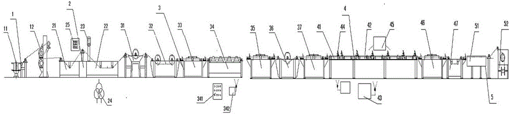 Steel wire heat treatment-electrolysis-phosphorization continuous production line equipment and process