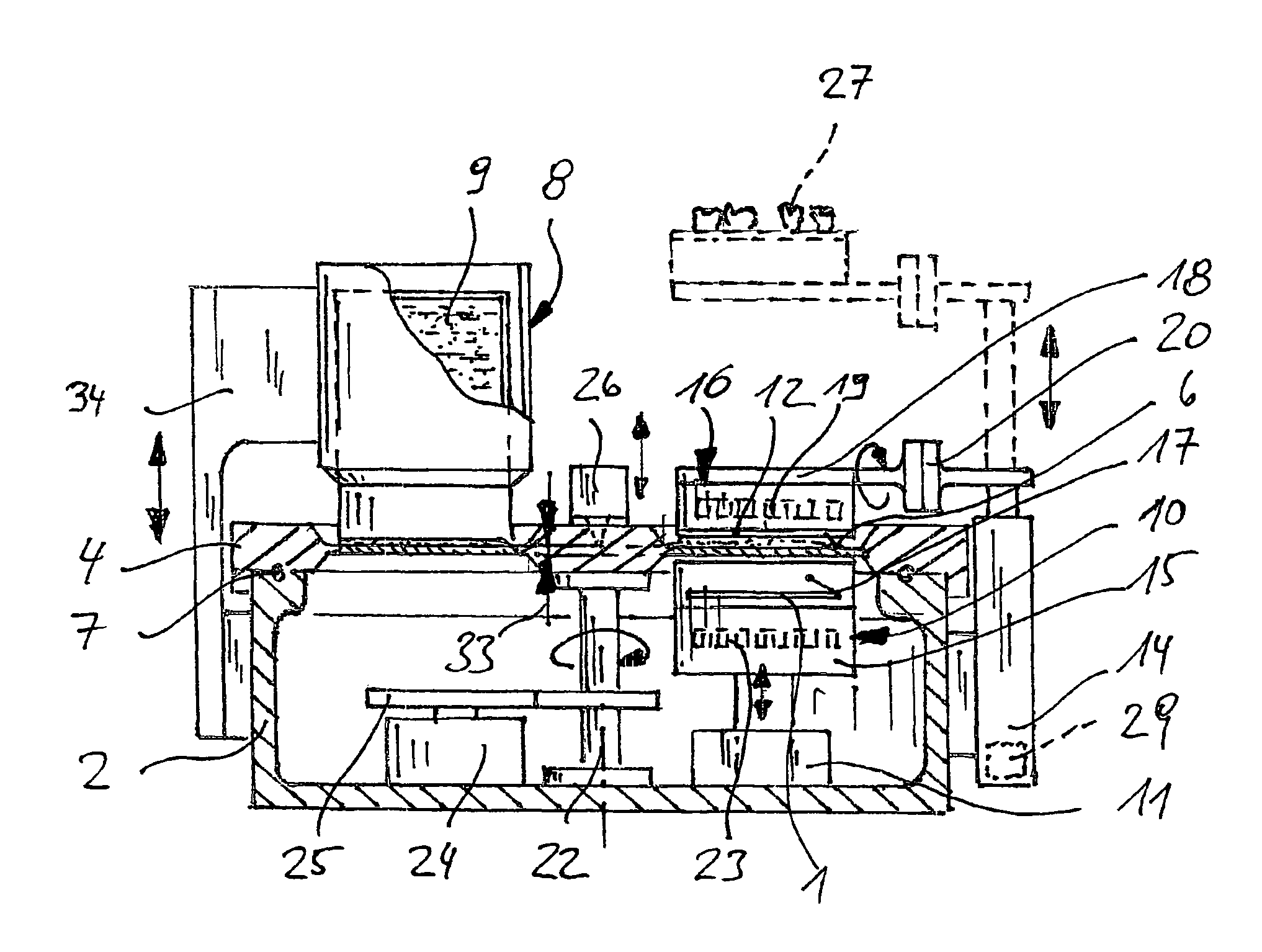 Device and method for processing light-polymerizable material for building up an object in layers