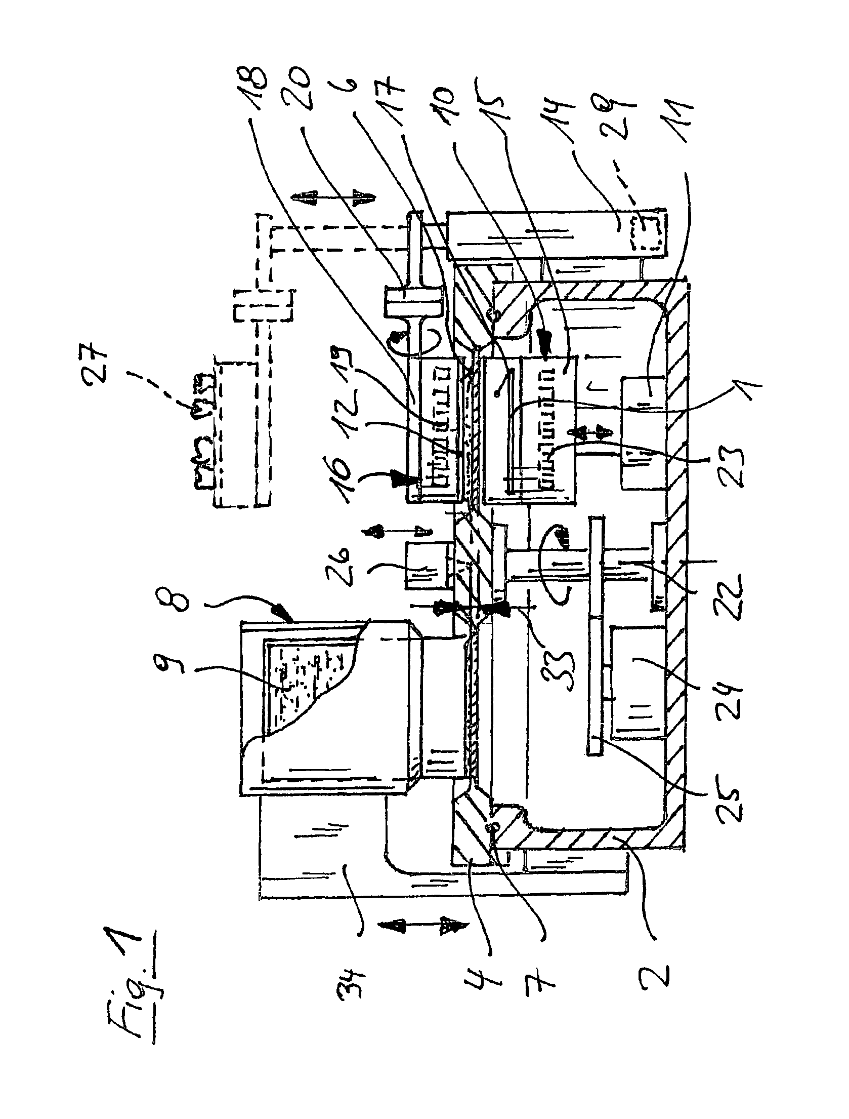 Device and method for processing light-polymerizable material for building up an object in layers