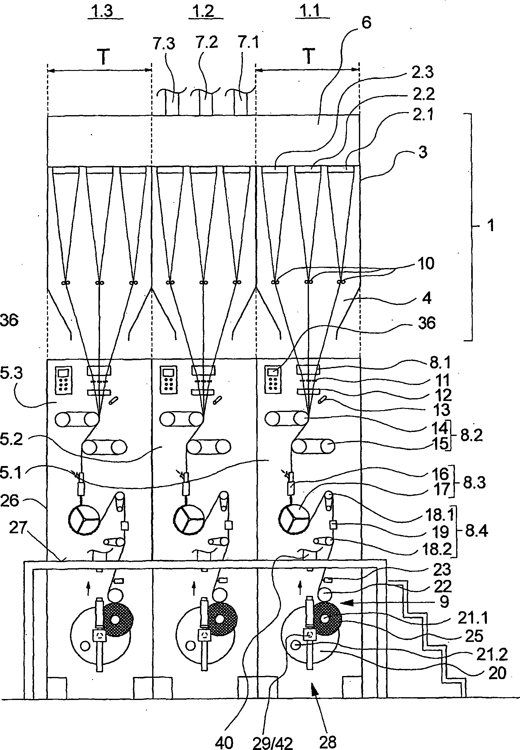 Device for melt spinning, treating and winding synthetic threads