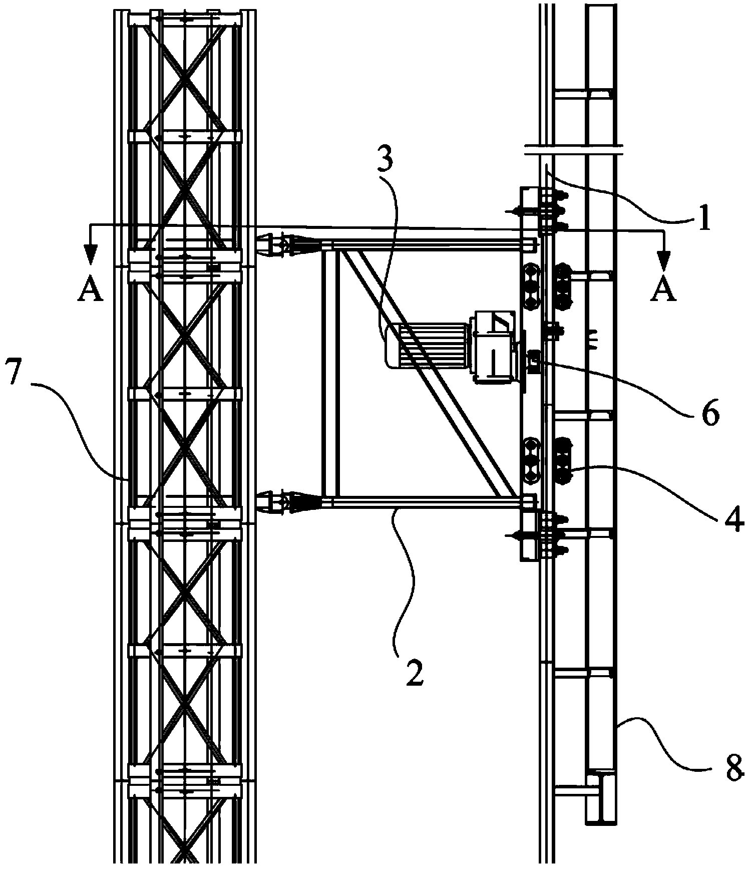 Wall attaching device of construction elevator steel charging platform as well as operation method of wall attaching device