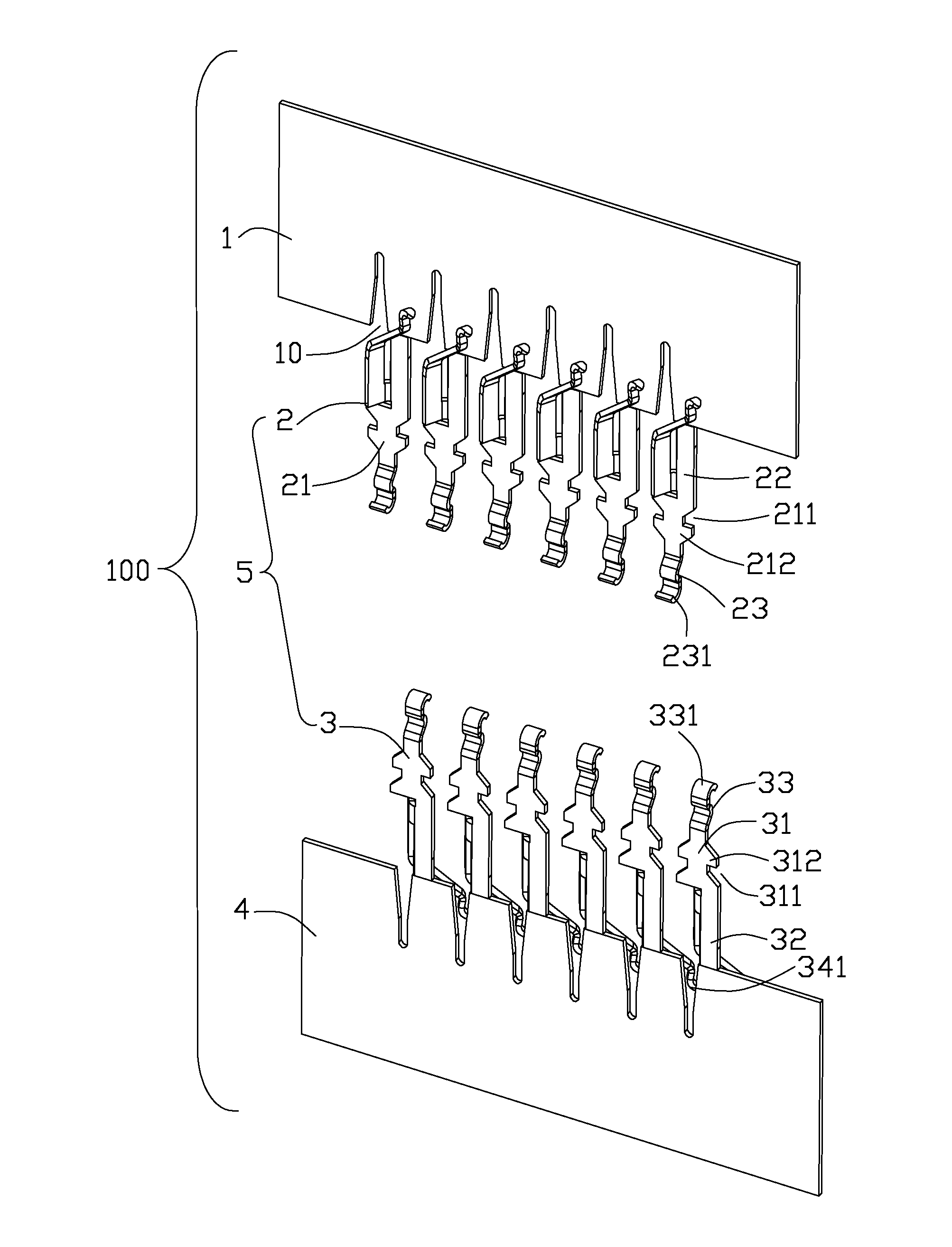 Contact carrier having contact terminals arranged alternatively along sides