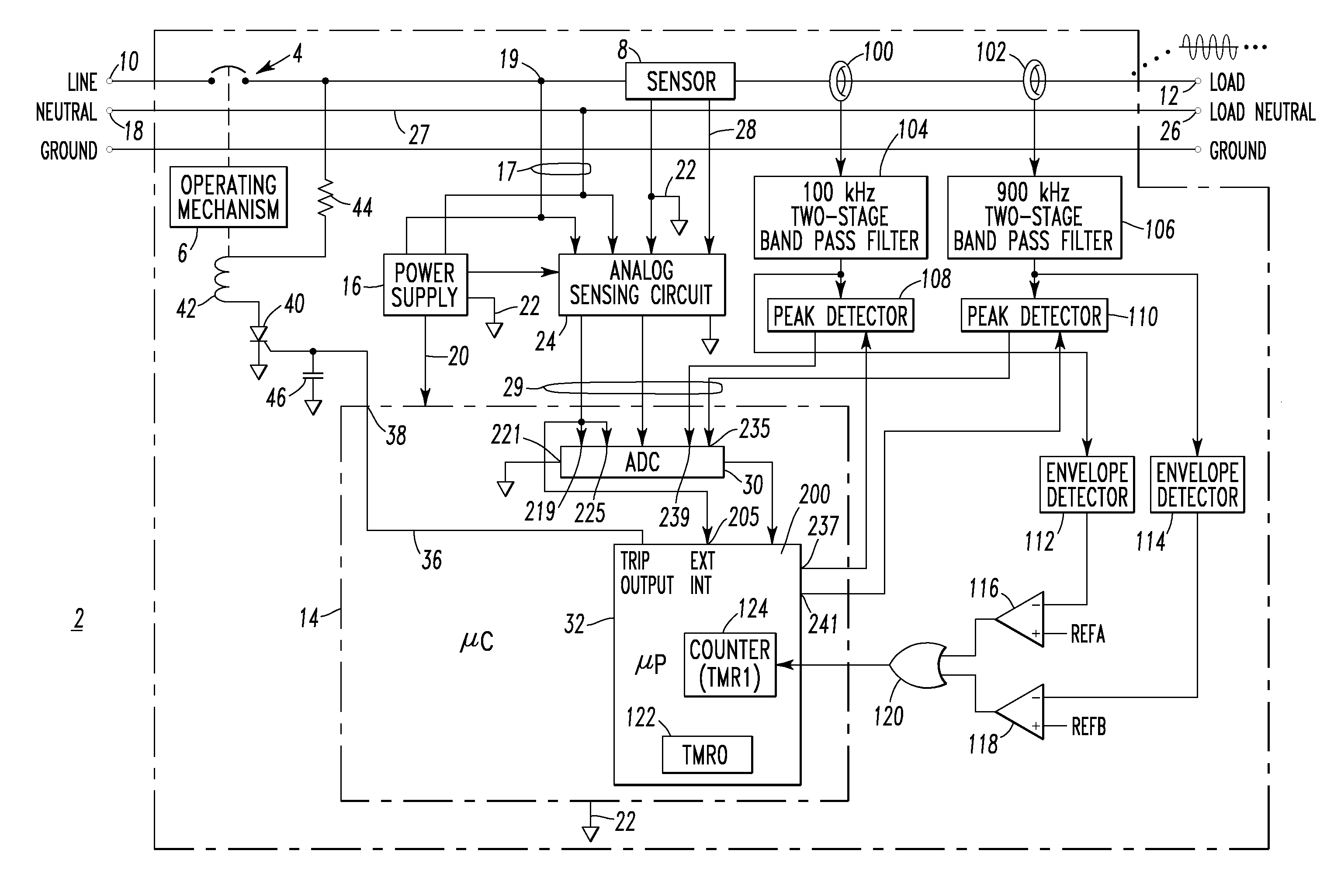 Arc fault circuit interrupter and series arc fault detection method using plural high frequency bands
