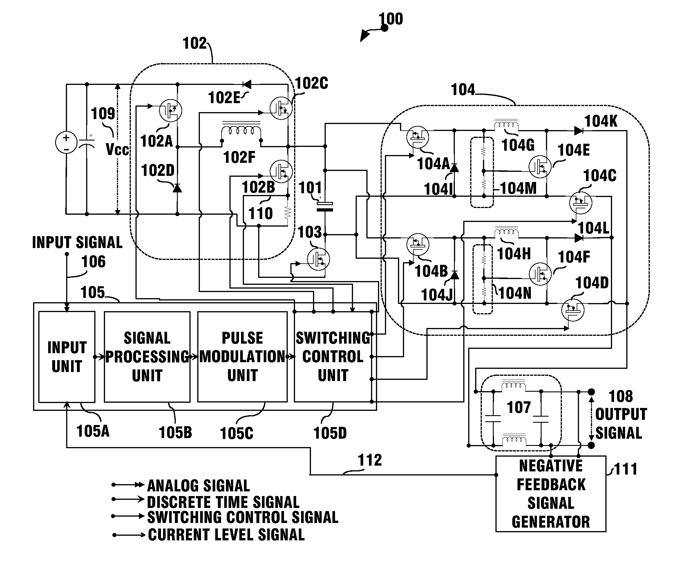 Switching amplifier using capacitor for transmitting energy