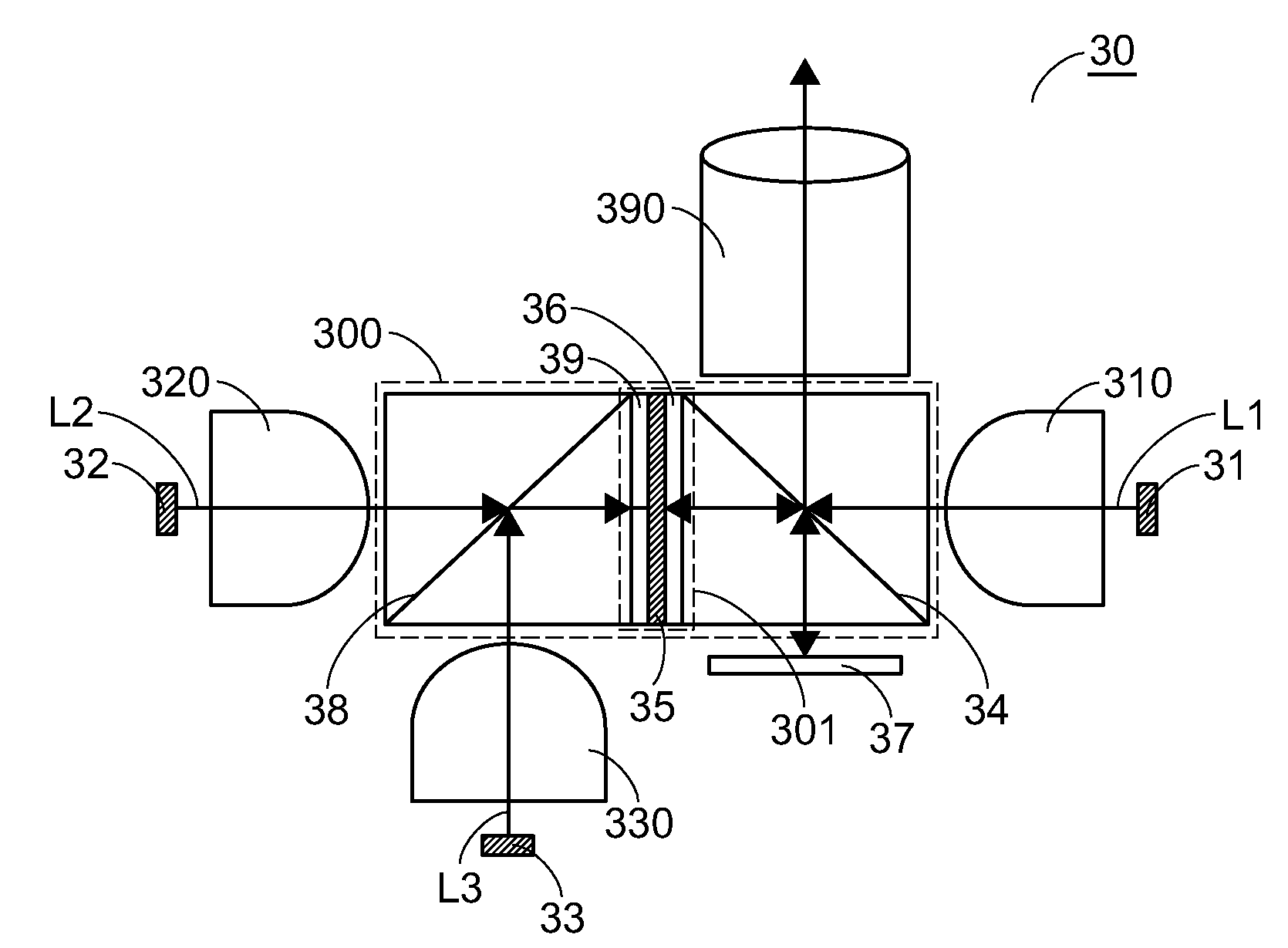 Beam combining device and projector having such beam combining device