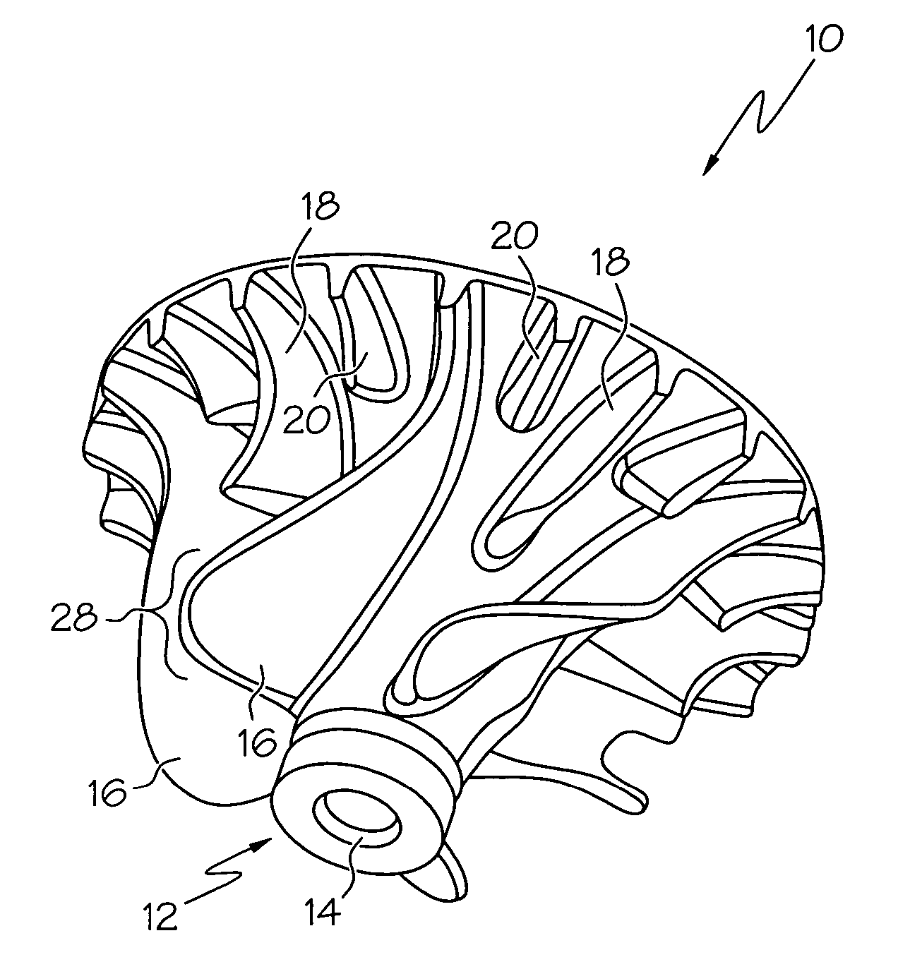 Radial turbine wheel with locally curved trailing edge tip