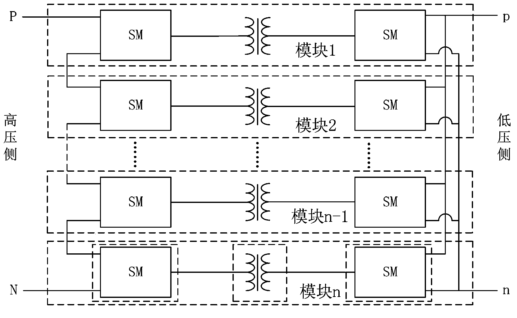 Modularized device for conversion between high-voltage direct current and direct current