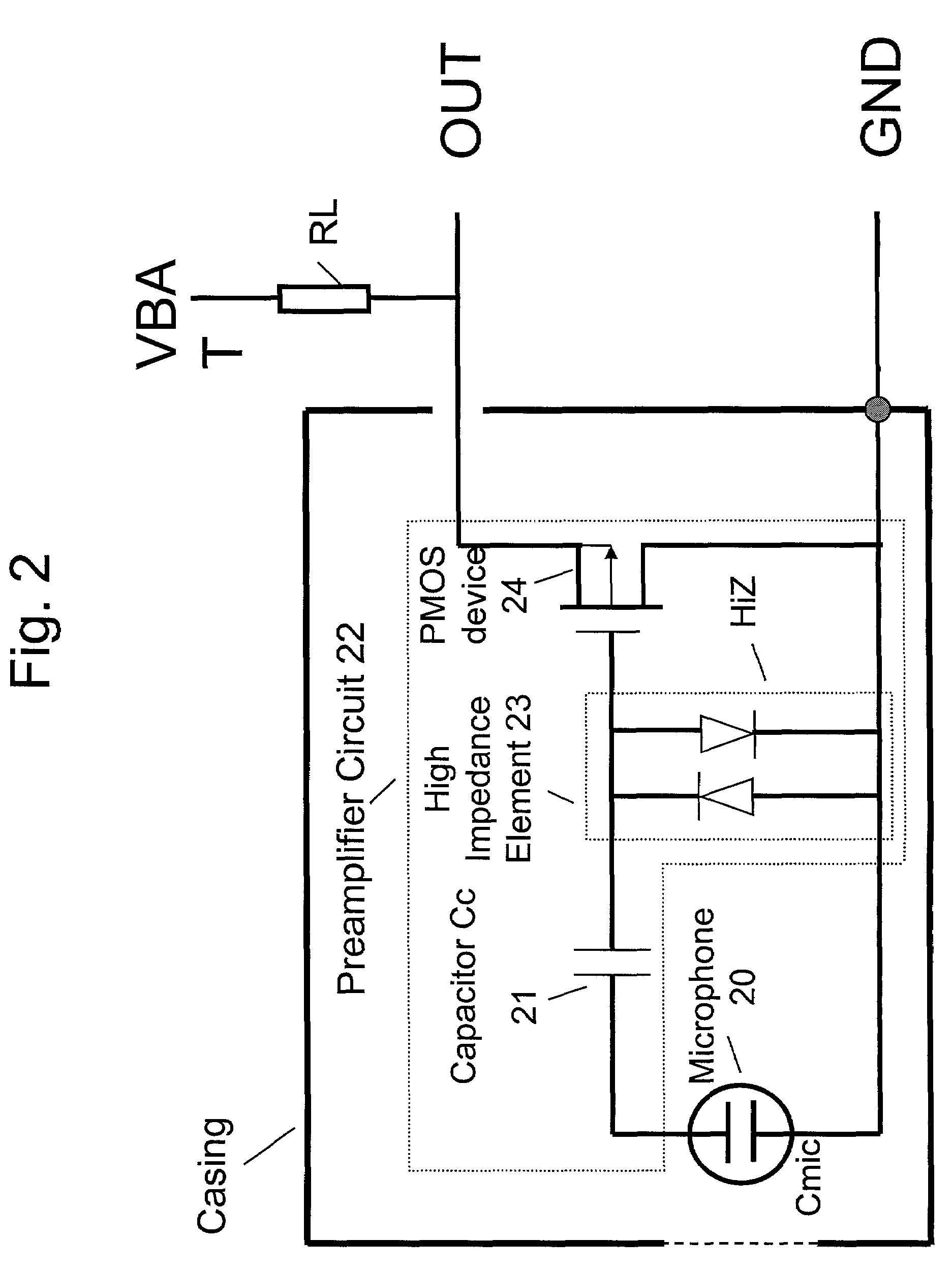 Electret condensor microphone preamplifier that is insensitive to leakage currents at the input
