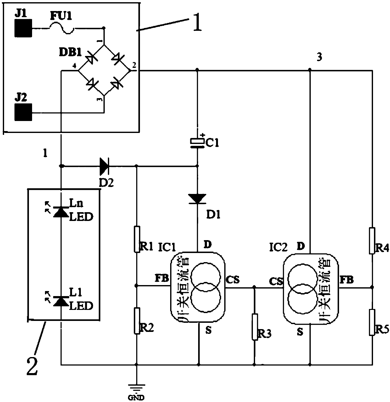 Linear full-voltage frequency conversion constant current circuit and LED lamp equipped with same