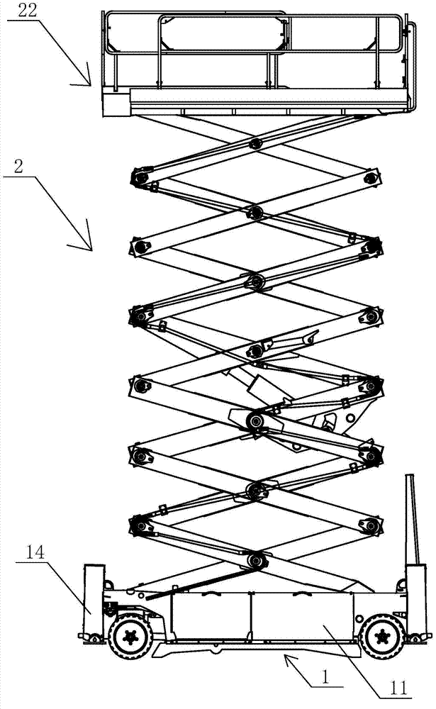 Shear fork type aloft work platform with high-stability driving and steering function