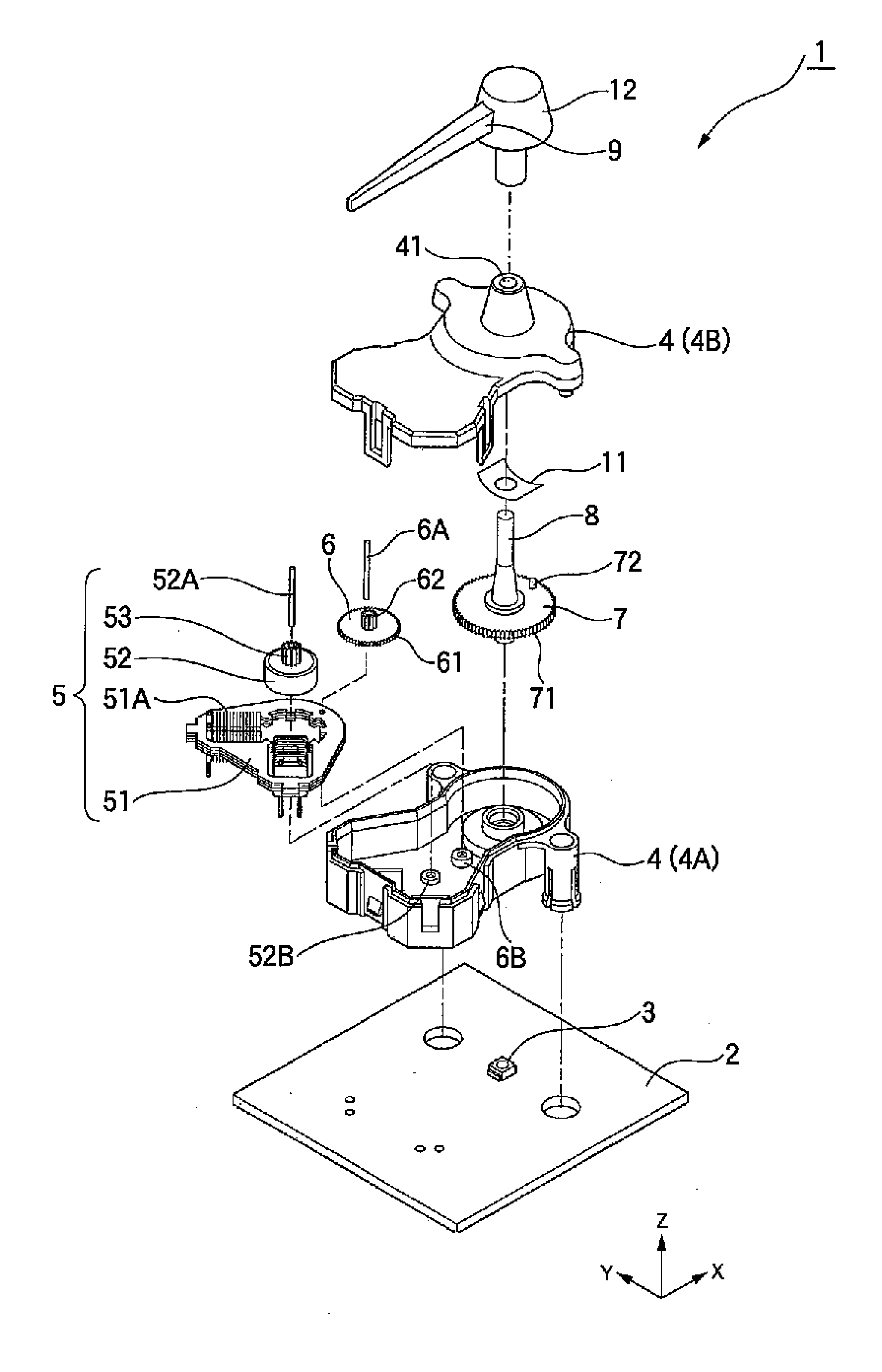 Needle attaching structure of rotating shaft and meter device