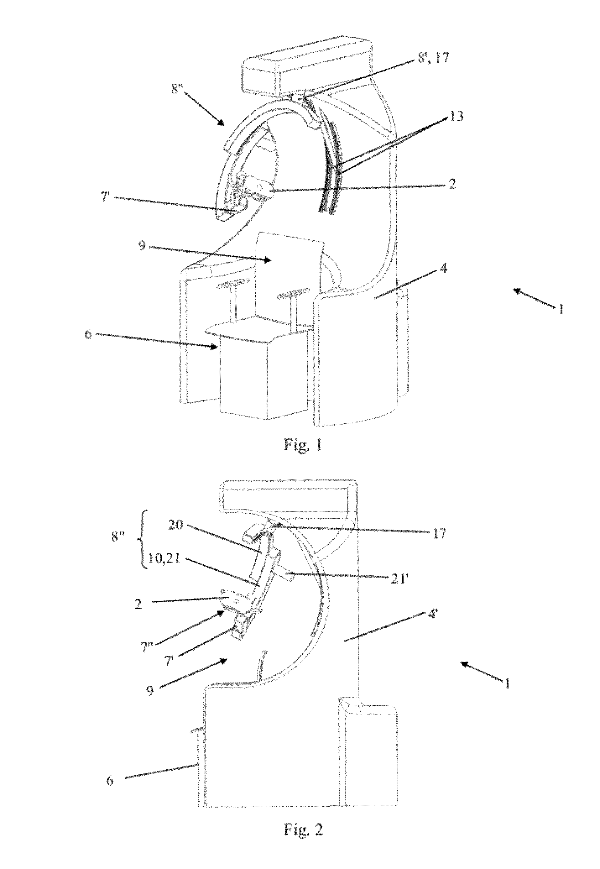 Robotized installation for the positioning and movement of a component or instrument and treatment device that comprises such an installation