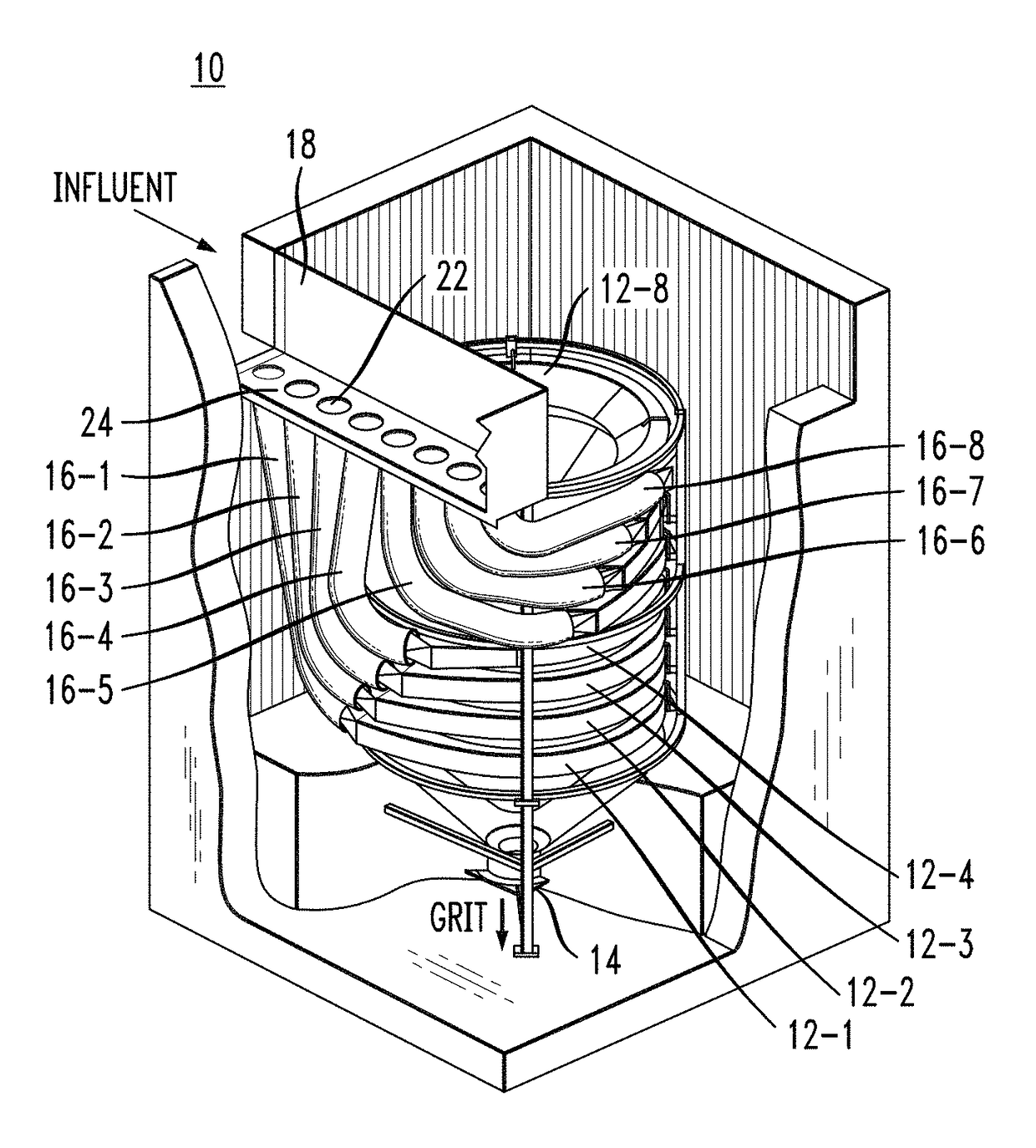 Low headloss feed devices and control methods for tray-type vortex grit removal systems