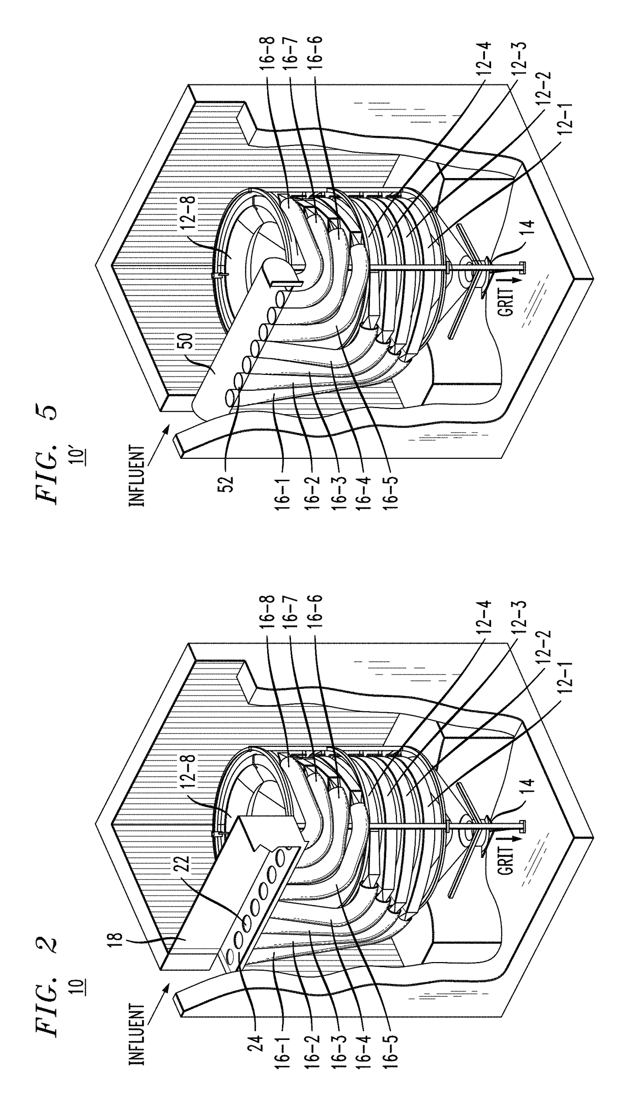 Low headloss feed devices and control methods for tray-type vortex grit removal systems