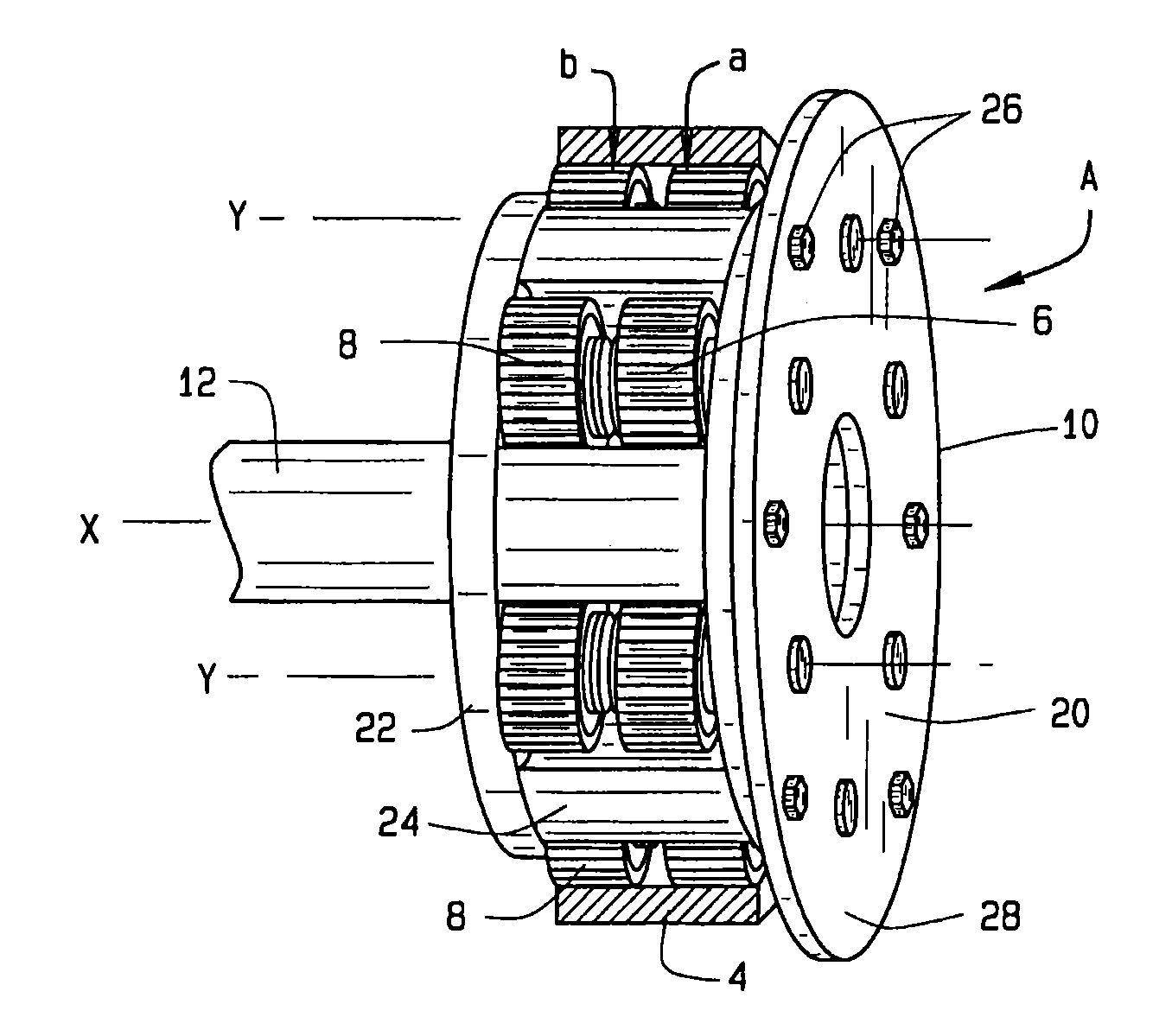 Epicyclic gear system having two arrays of pinions mounted on flexpins with compensation for carrier distortion