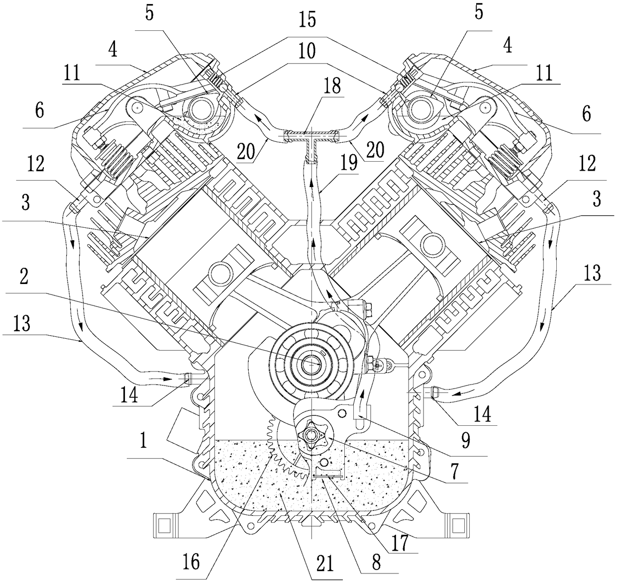 Efficient lubrication system of engine cylinder heads of contravariant small-sized dual-cylinder generator set