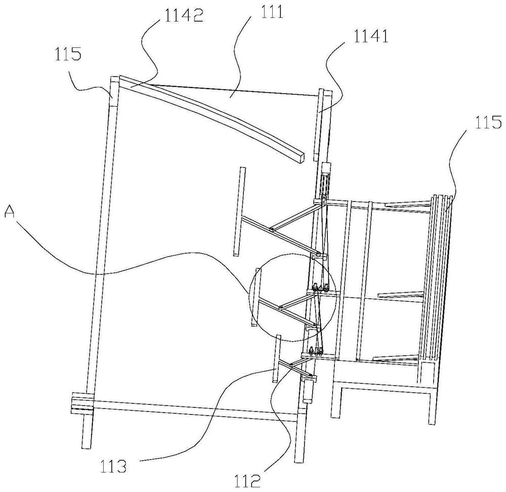 Multi-directional material distributing and conveying production line and production device and method of pork stuffing dumplings