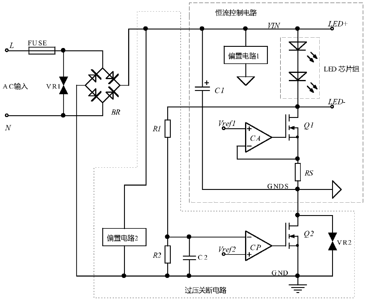 A linear drive circuit for led lighting fixtures