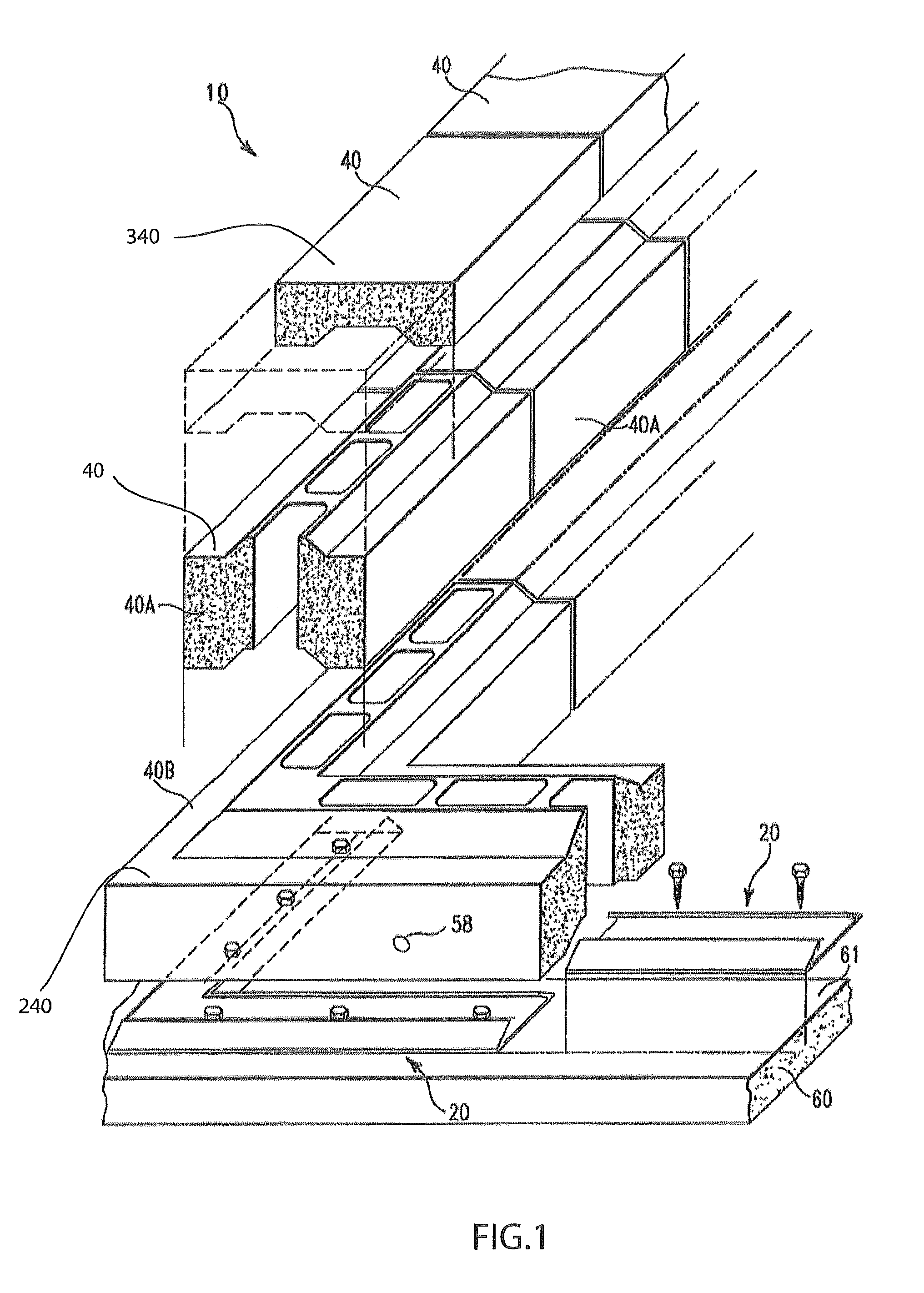 Stacking masonry block system with transition block and utility groove running therethrough