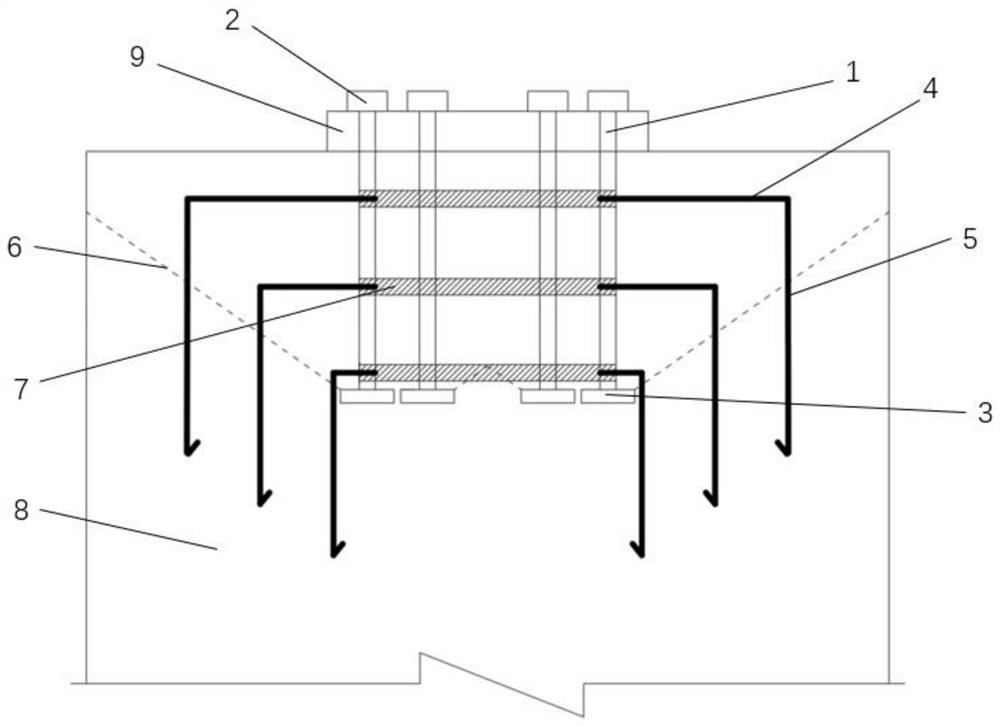 Anchor bolt group device for improving anti-cracking performance of power transmission tower pile foundation and manufacturing method