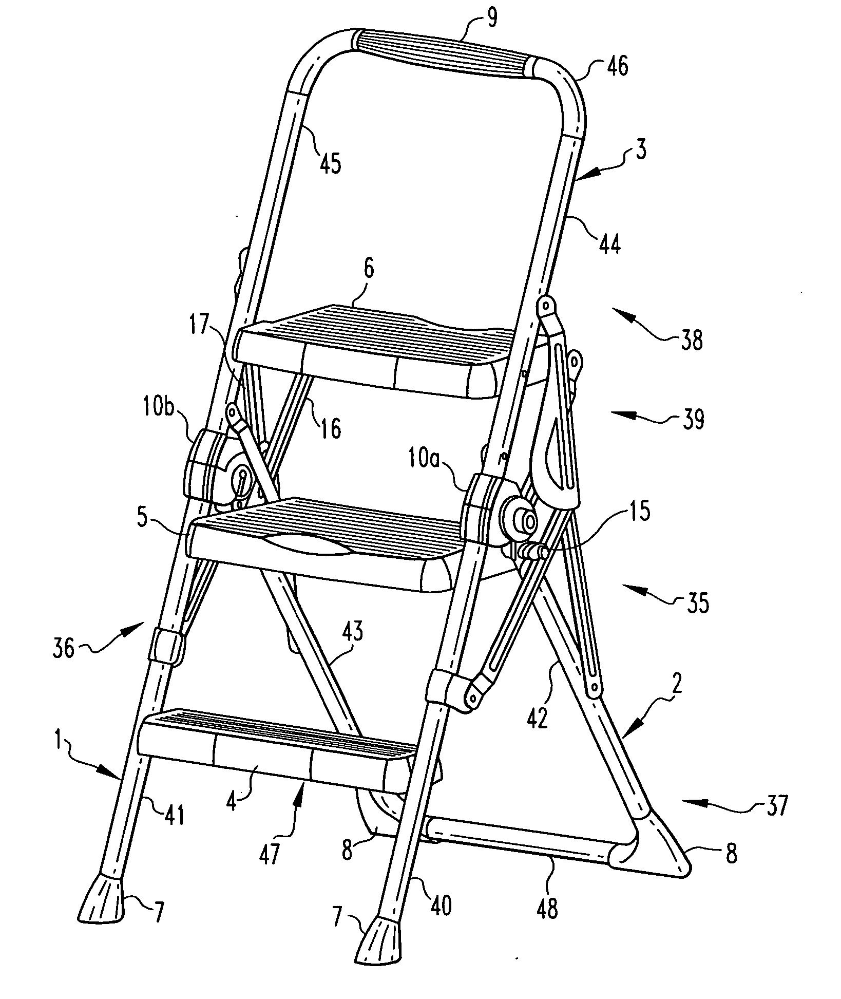 Step stool, hinge and method