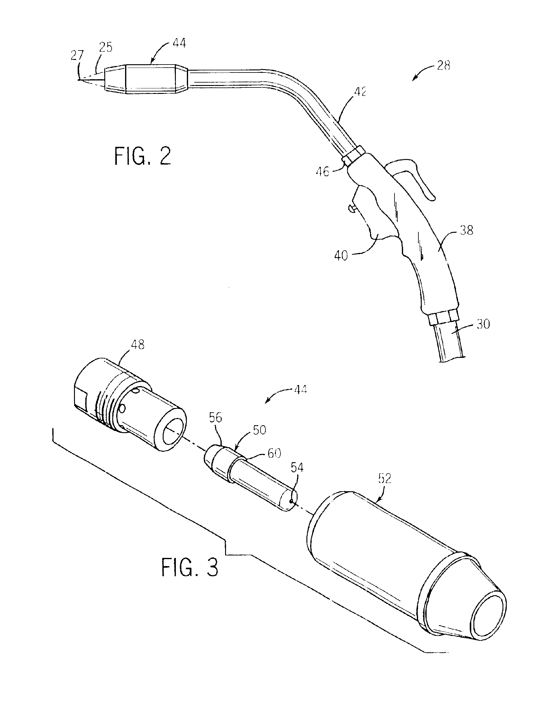 Welding gun having a removable nozzle end portion and method for operating same