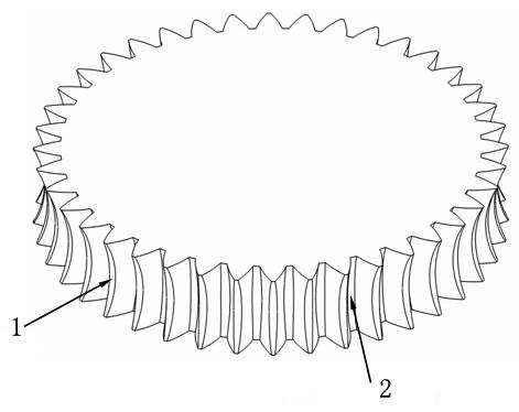 Involute gear with concave and convex ring surfaces and method for designing and machining involute gear