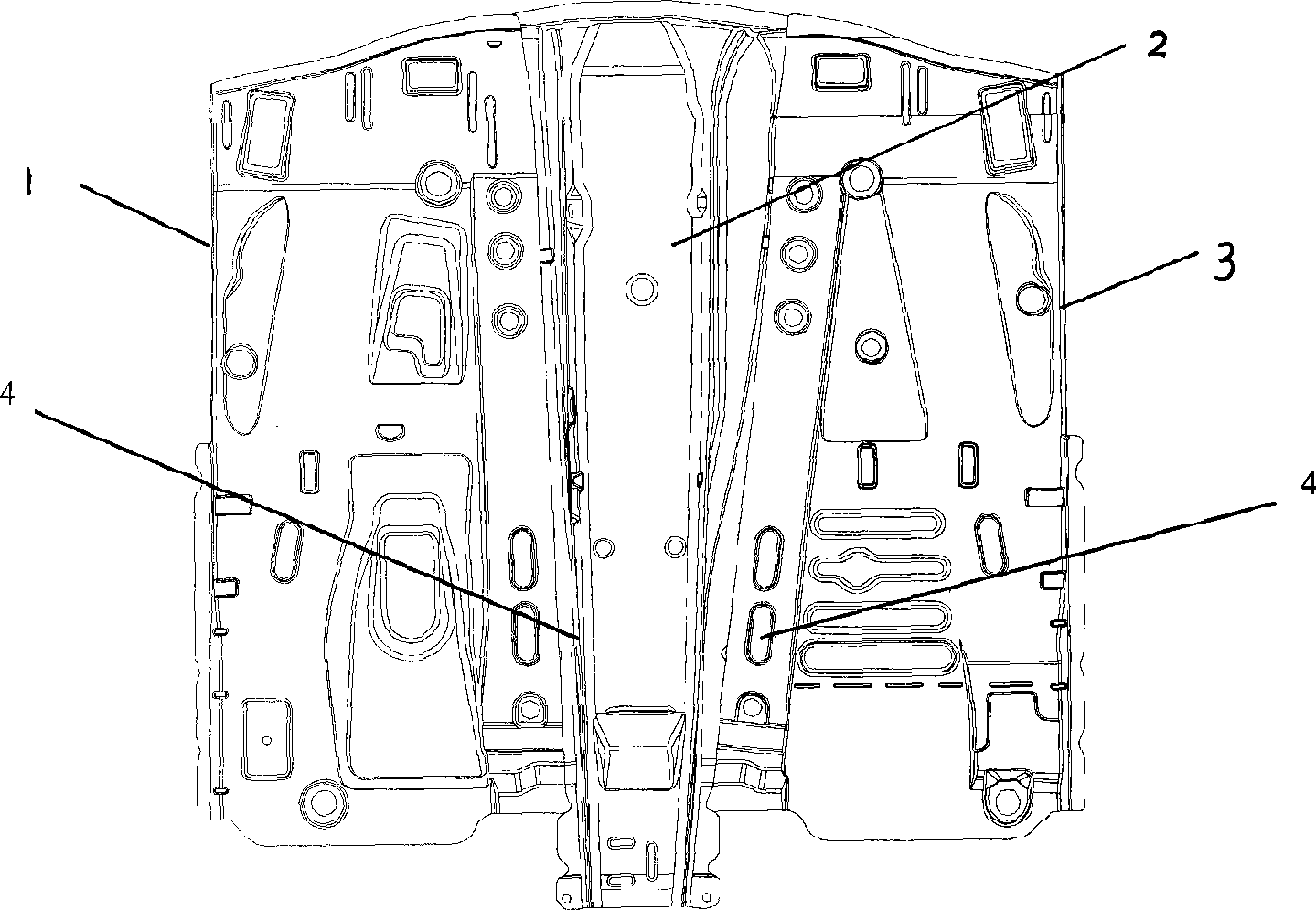 Partition organization for front floor of vehicle body