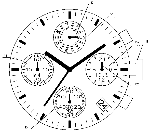 Watch movement with week indication