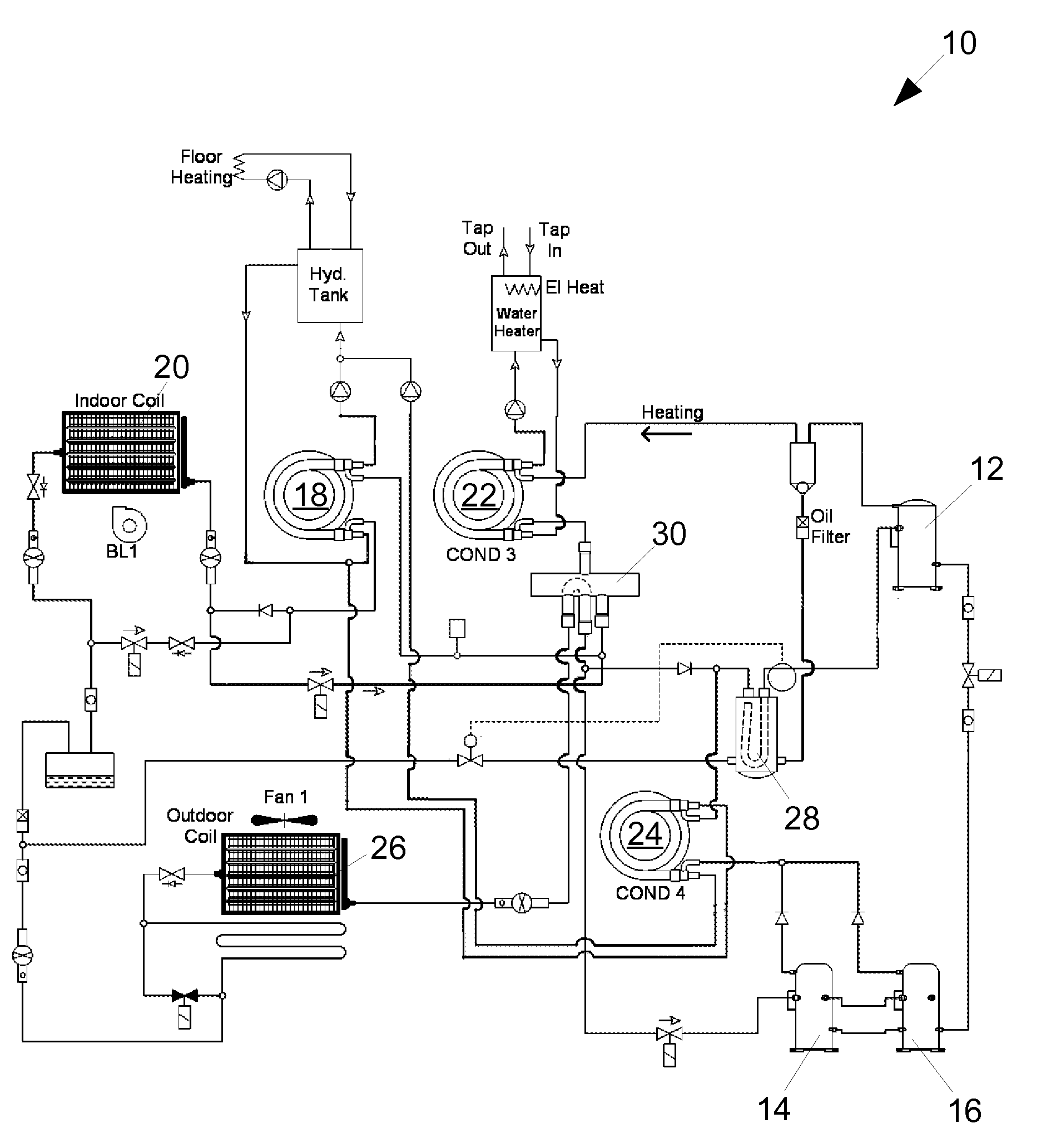 Heat pump with forced air heating regulated by withdrawal of heat to a radiant heating system