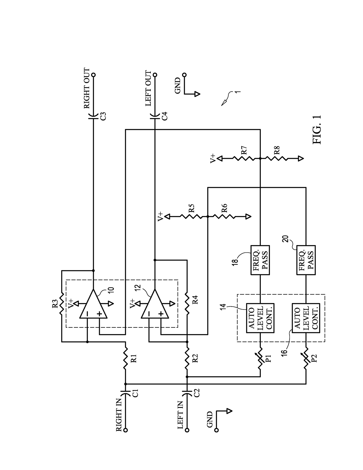 Two channel audio surround sound circuit with automatic level control