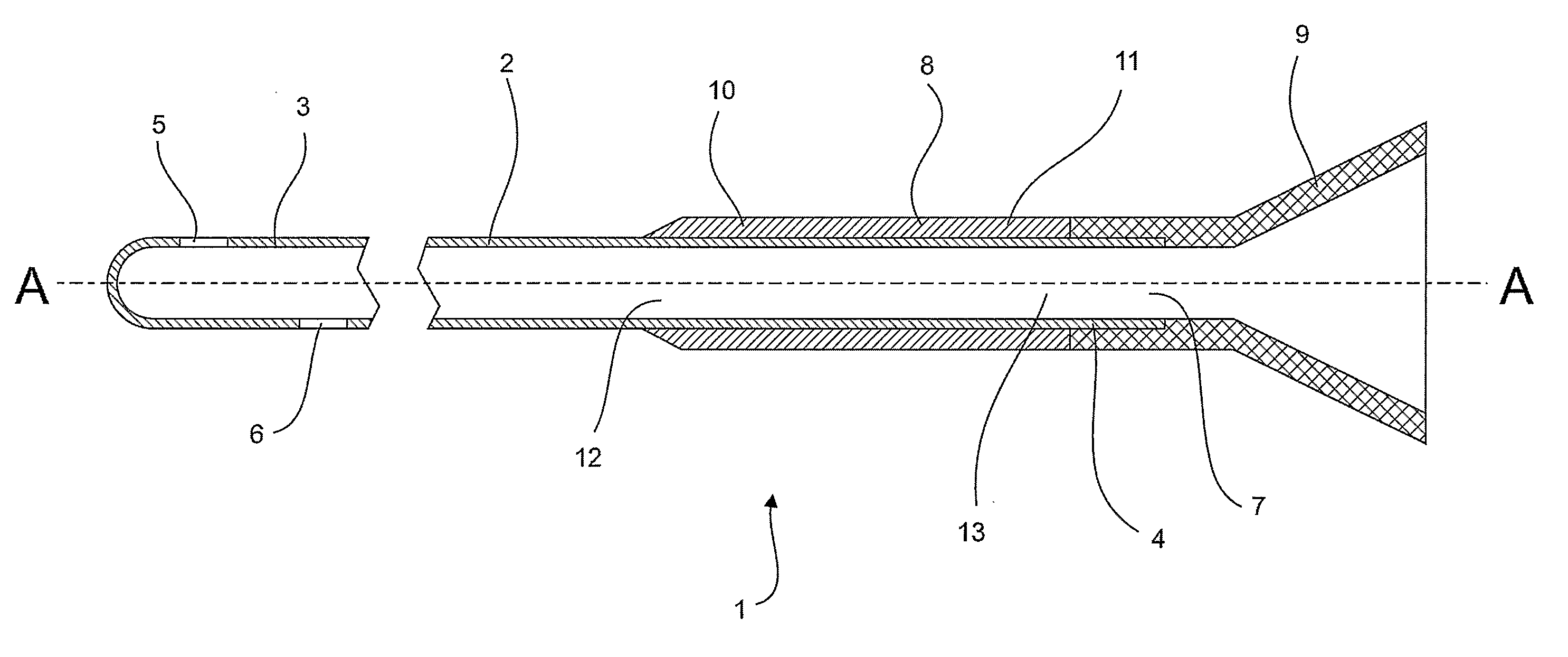 Intermittent catheter having a stiff distal section and method of manufacturing such
