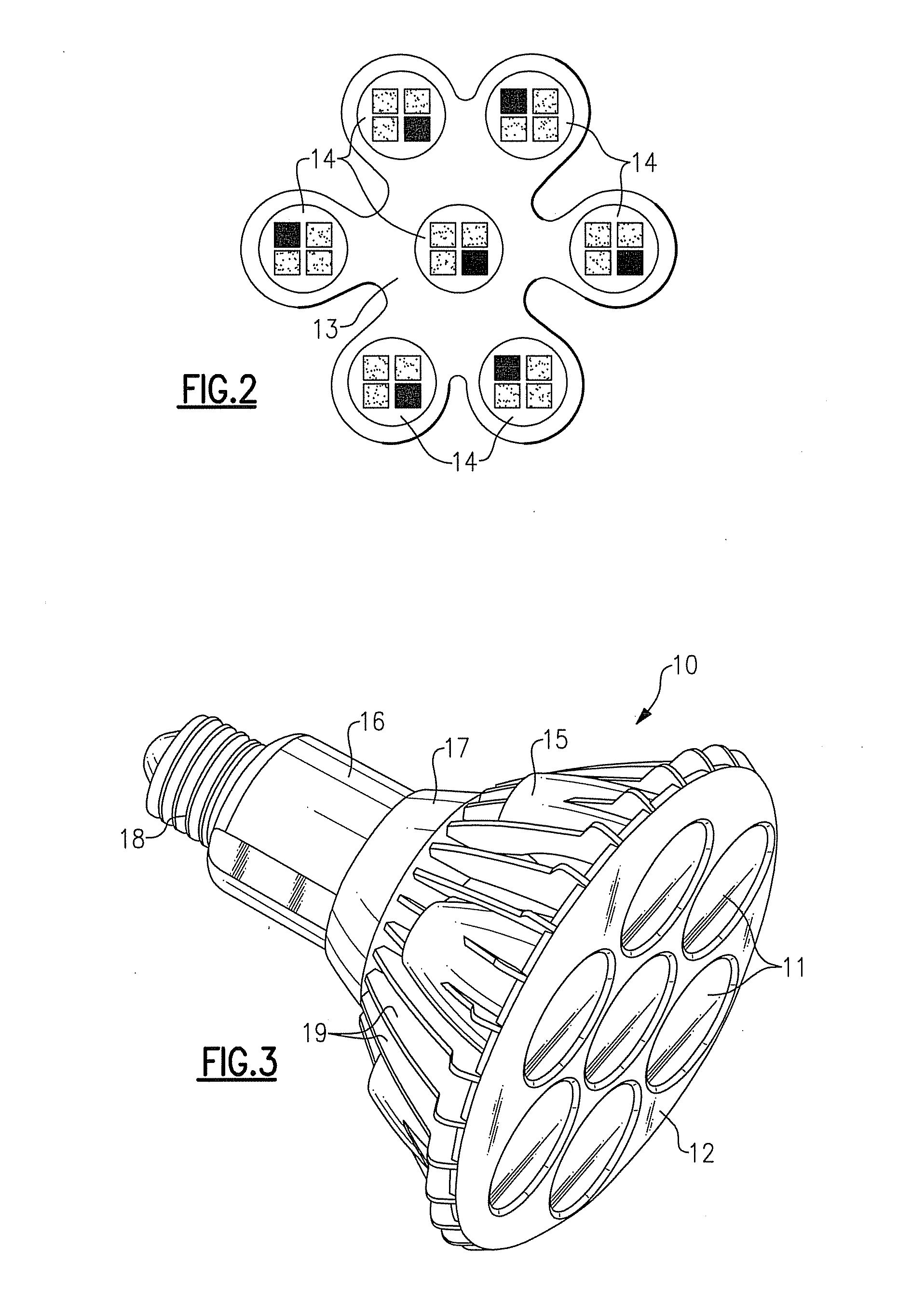 Lighting device with multi-chip light emitters, solid state light emitter support members and lighting elements