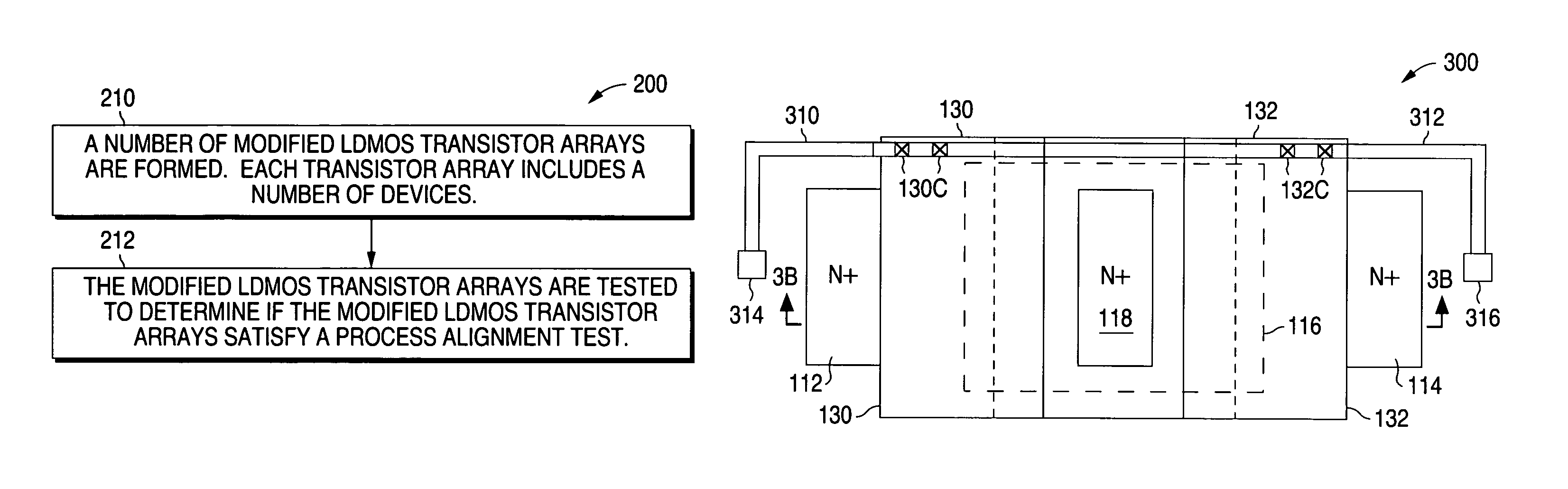 Method of monitoring process misalignment to reduce asymmetric device operation and improve the electrical and hot carrier performance of LDMOS transistor arrays