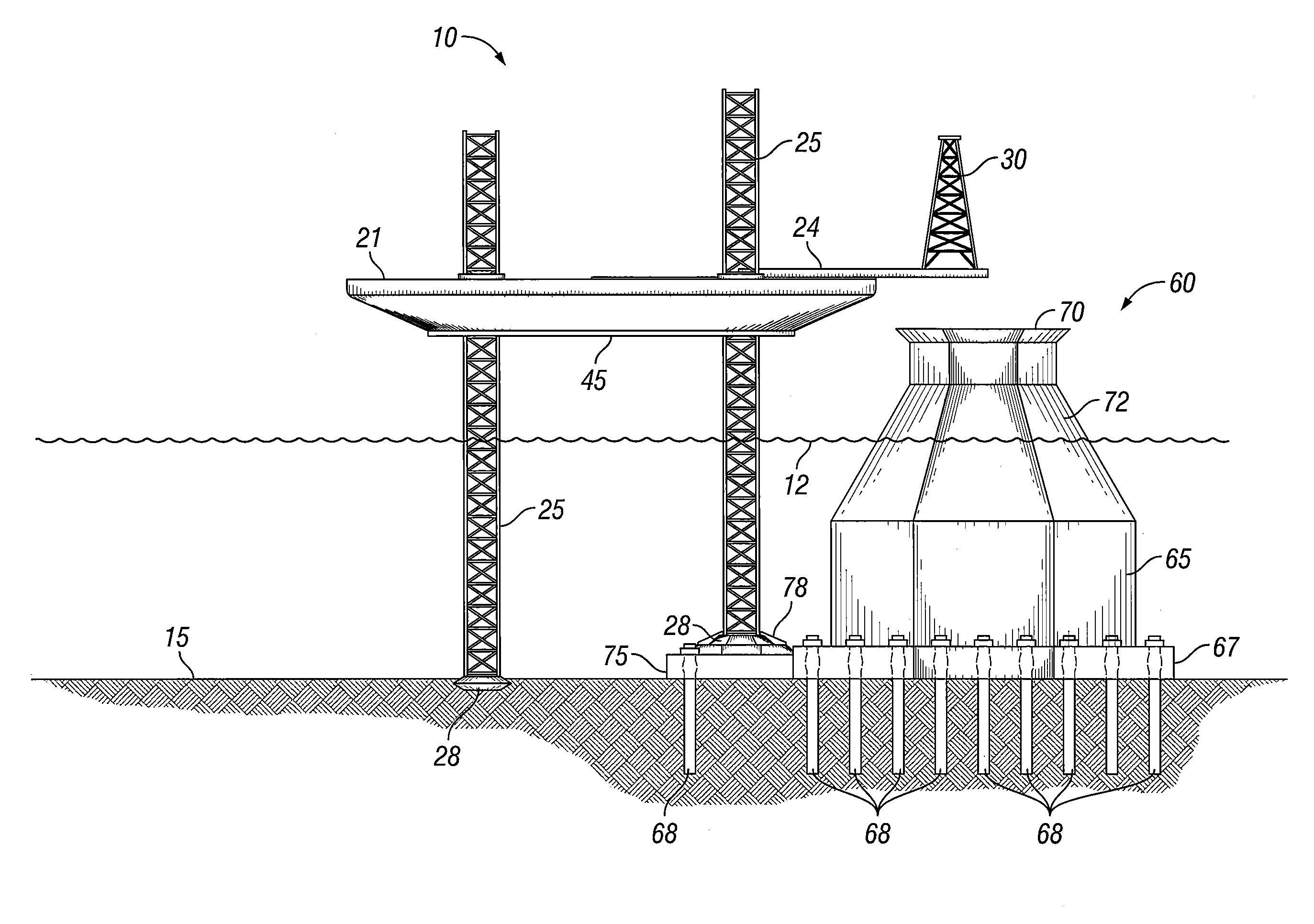 Ice worthy jack-up drilling unit with conical piled monopod and sockets