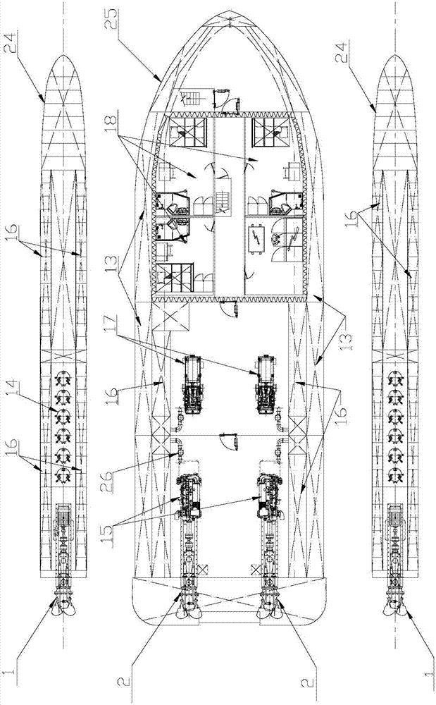 Double-draft three-body scientific research vessel