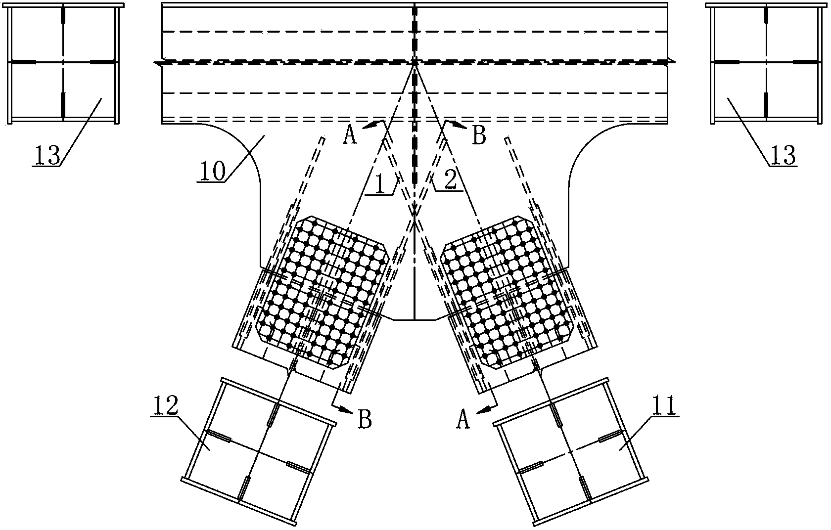 Web member intersecting and split joint connector structure in positions of steel truss girder bridge nodes