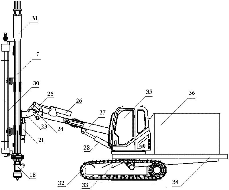 Telescopic arm open-cut rock drilling jumbo with drill rod replacing device