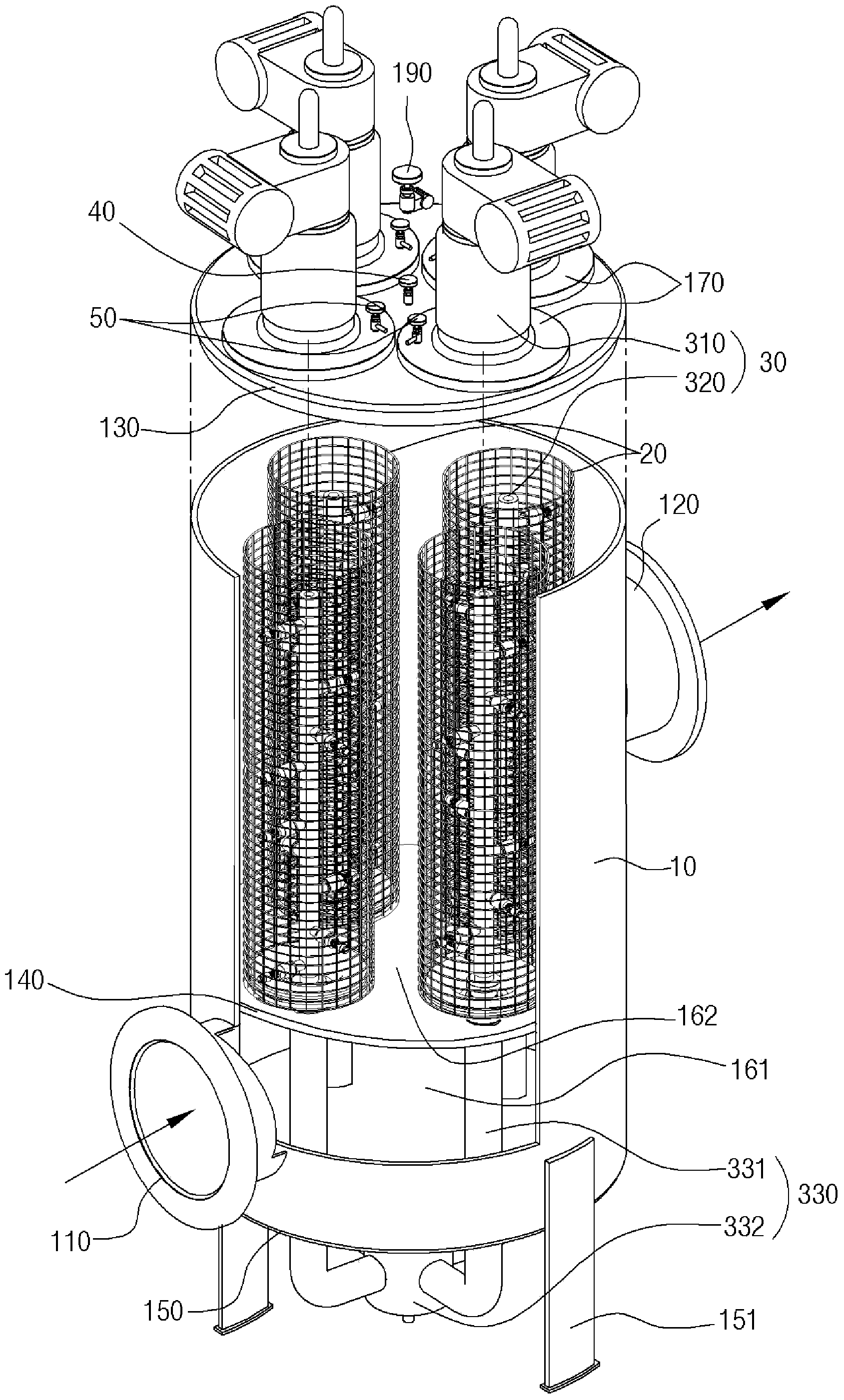 Multicage-type device for filtering ballast water for automatically controlling sequential backwashing and method for same