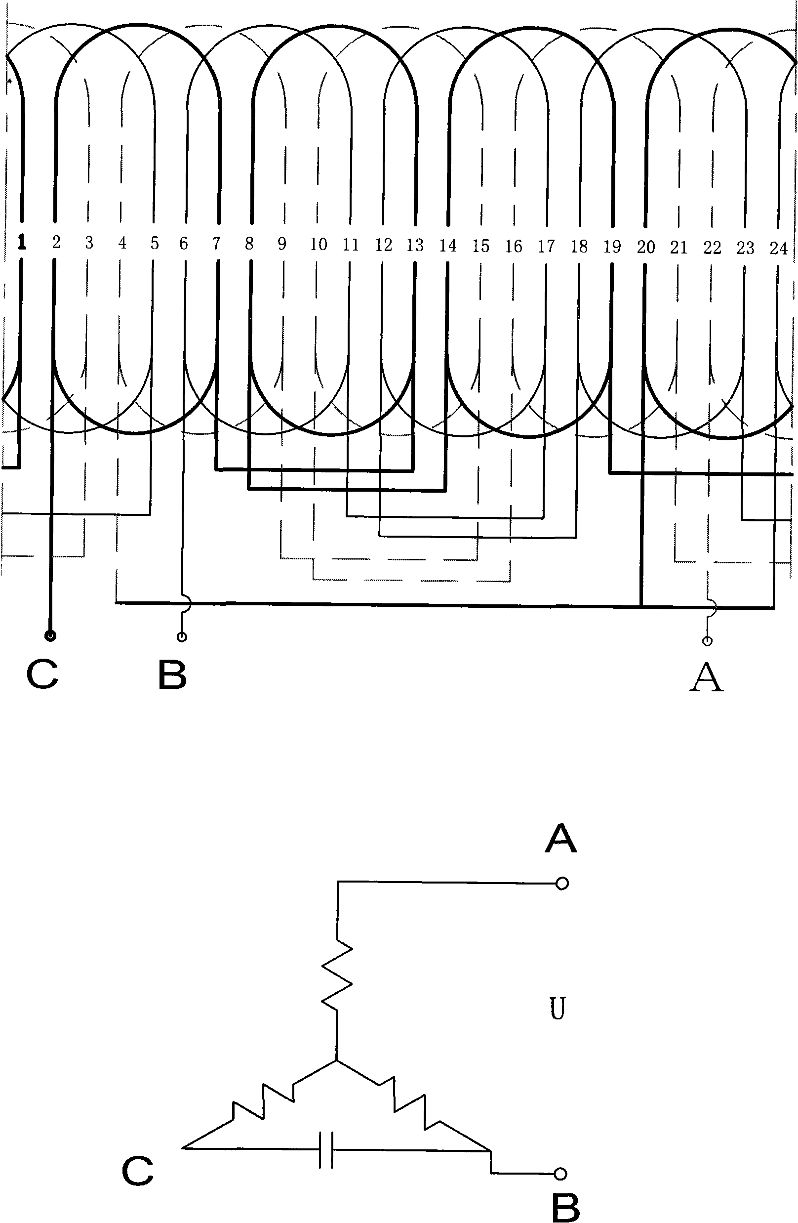 Three-phase winding Y-wiring single phase capacitance run motor for washing machine