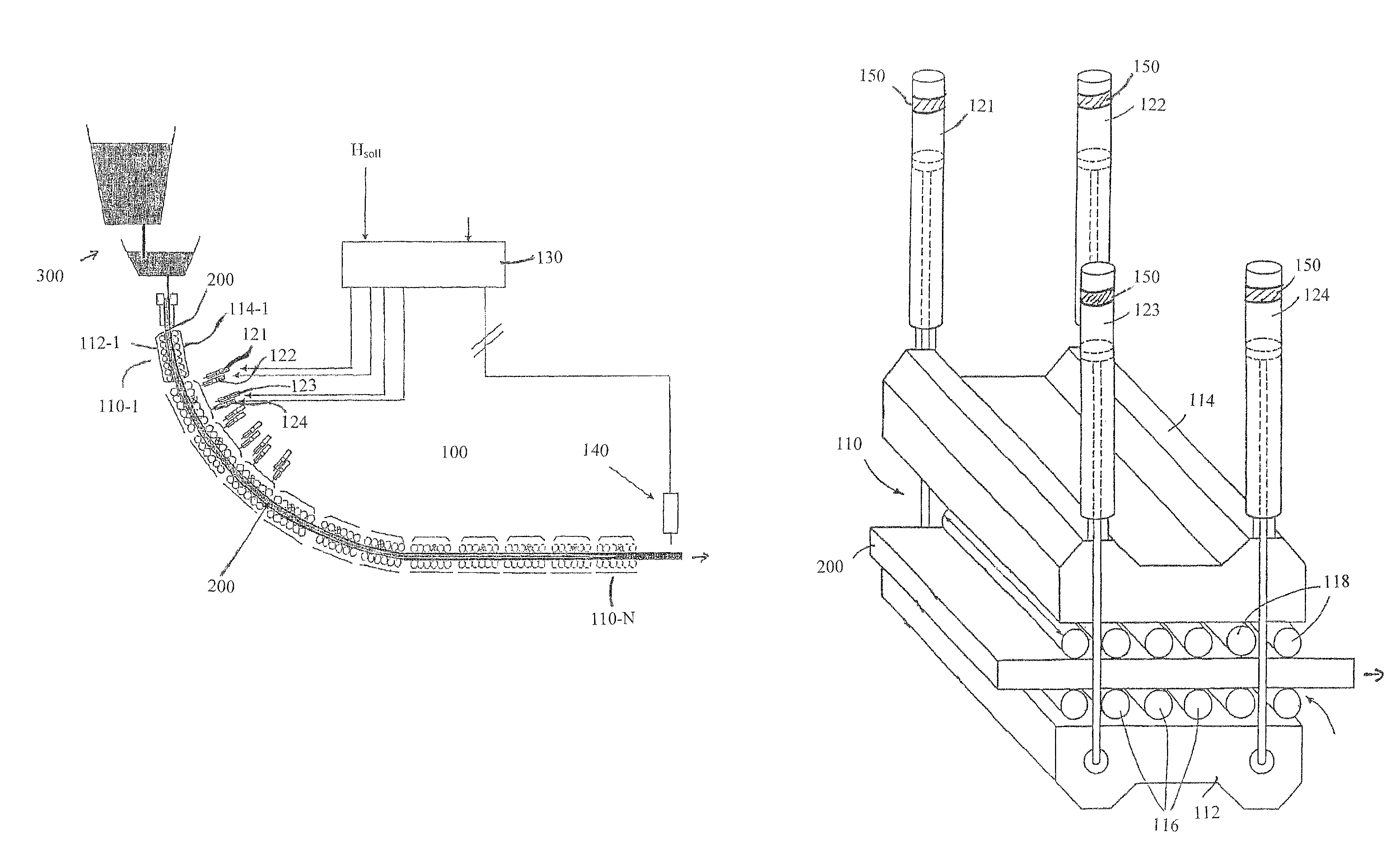 Method and device for positioning at least one roll segment of a strand guiding unit against a strand