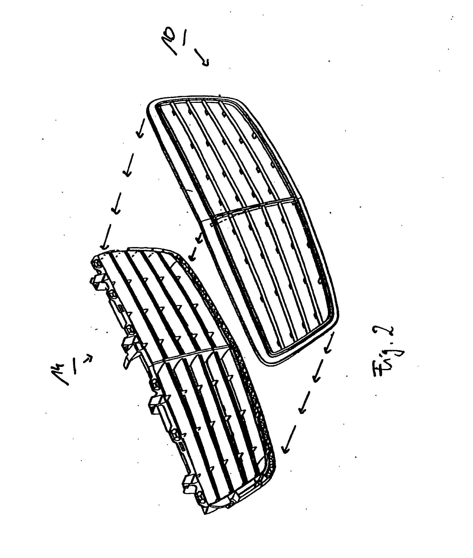 Radiator grille for mounting in a radiator grille arrangement and method of producing it