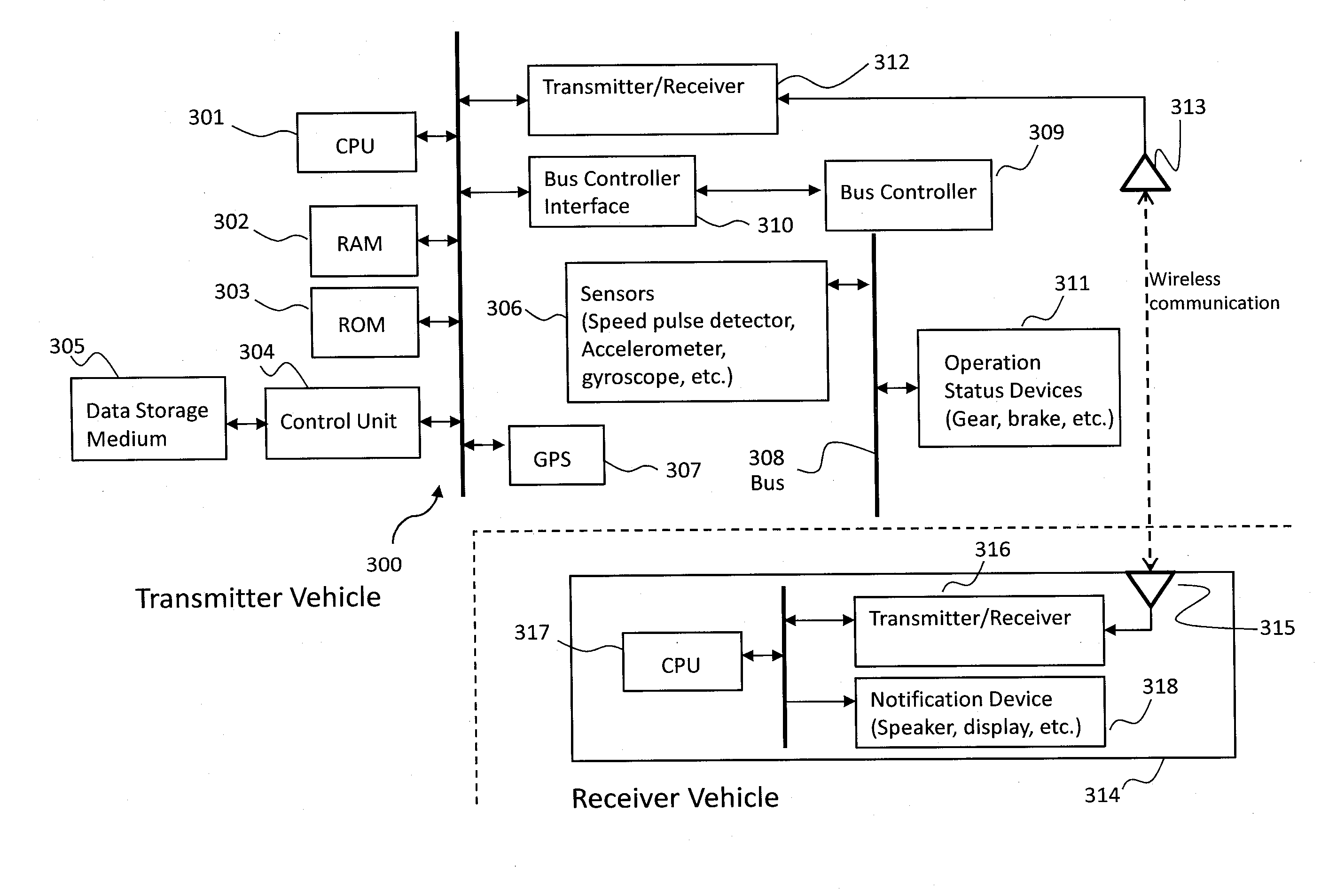 Vehicle to vehicle wireless communication apparatus with potential crash warning