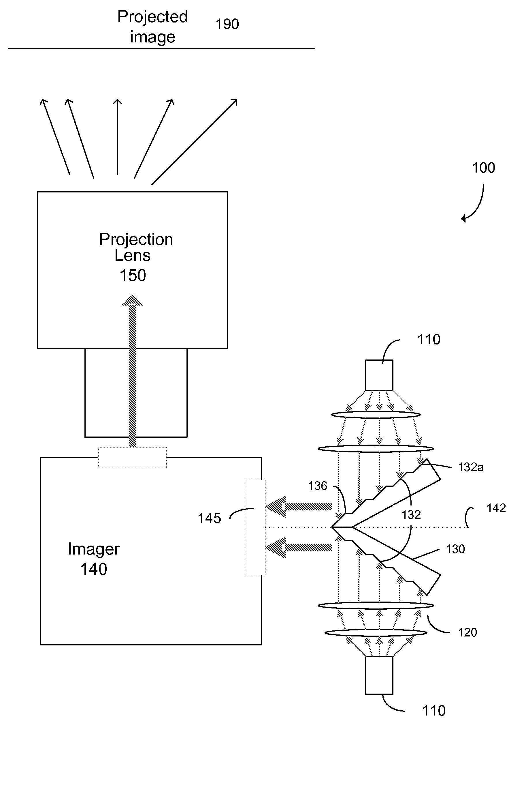 High intensity image projector using sectional mirror