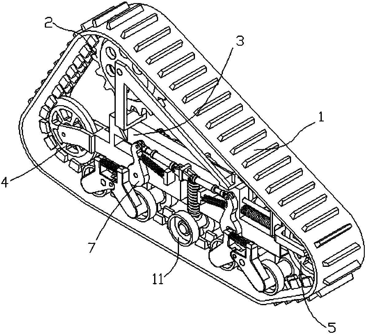 Triangular crawler-type walking device with adjustable ground clearance