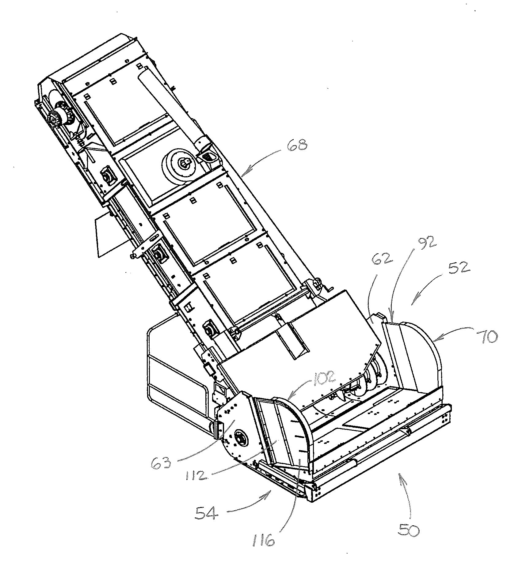 Material transfer vehicle having an expandable truck-receiving hopper