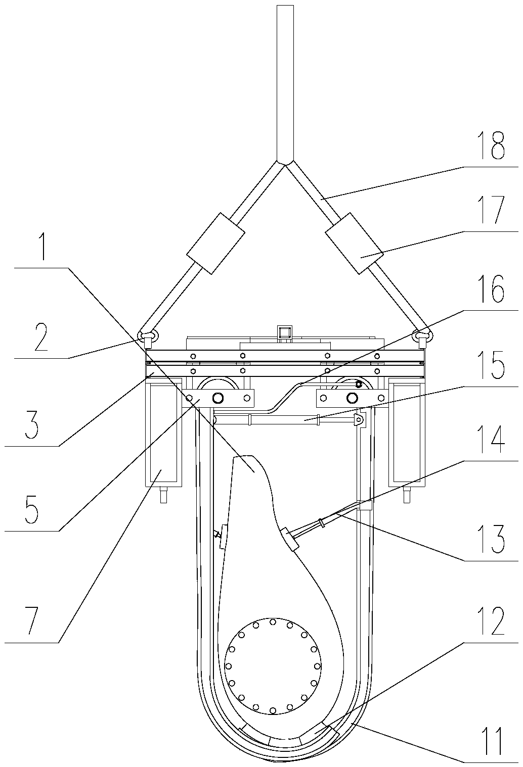 Lifting appliance device for installing wind-turbine blades, and operation method