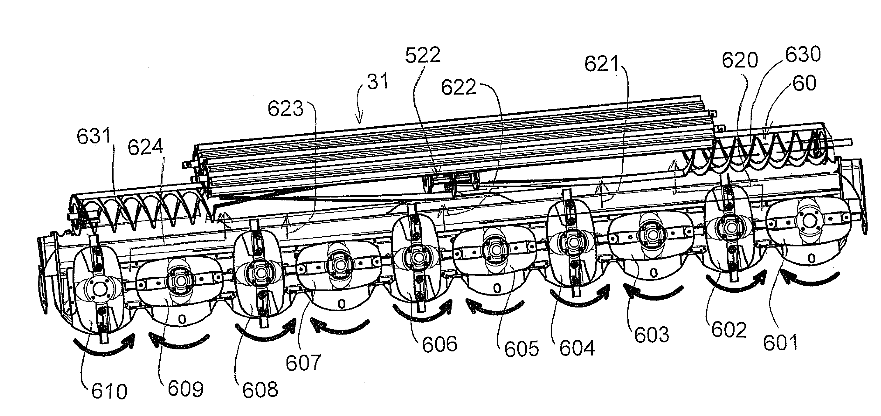 Rotary disk crop harvesting header with an auger for transferring the crop