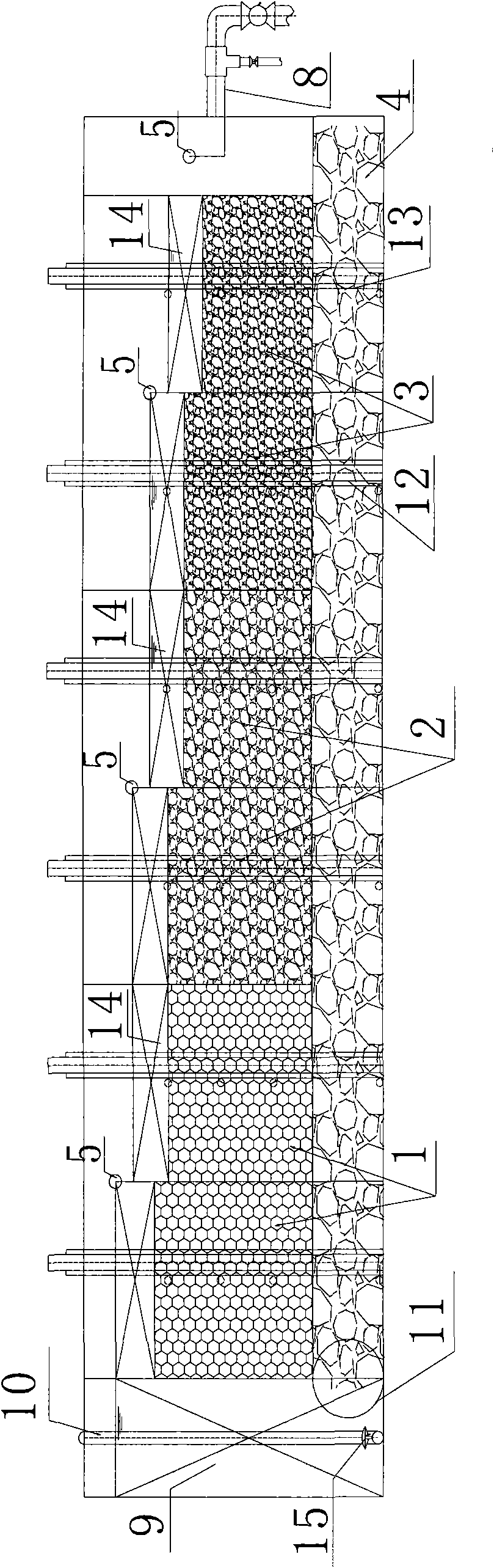 Sponge anti-clogging strengthening compound flow constructed wetland domestic sewage treatment device