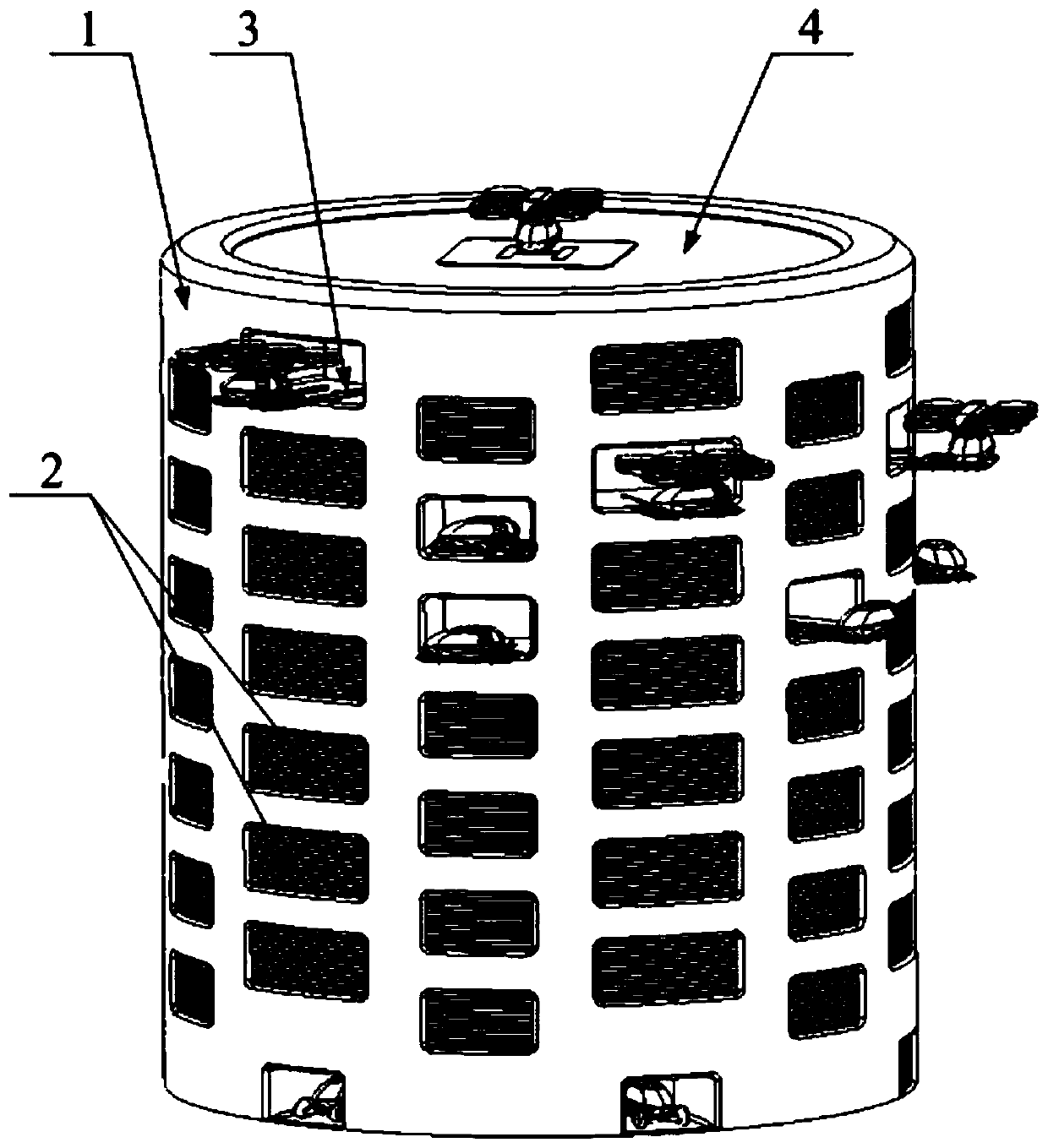 Stereo car parking garage, starting and parking method of stereo car parking garage, traffic system and scheduling method of traffic system